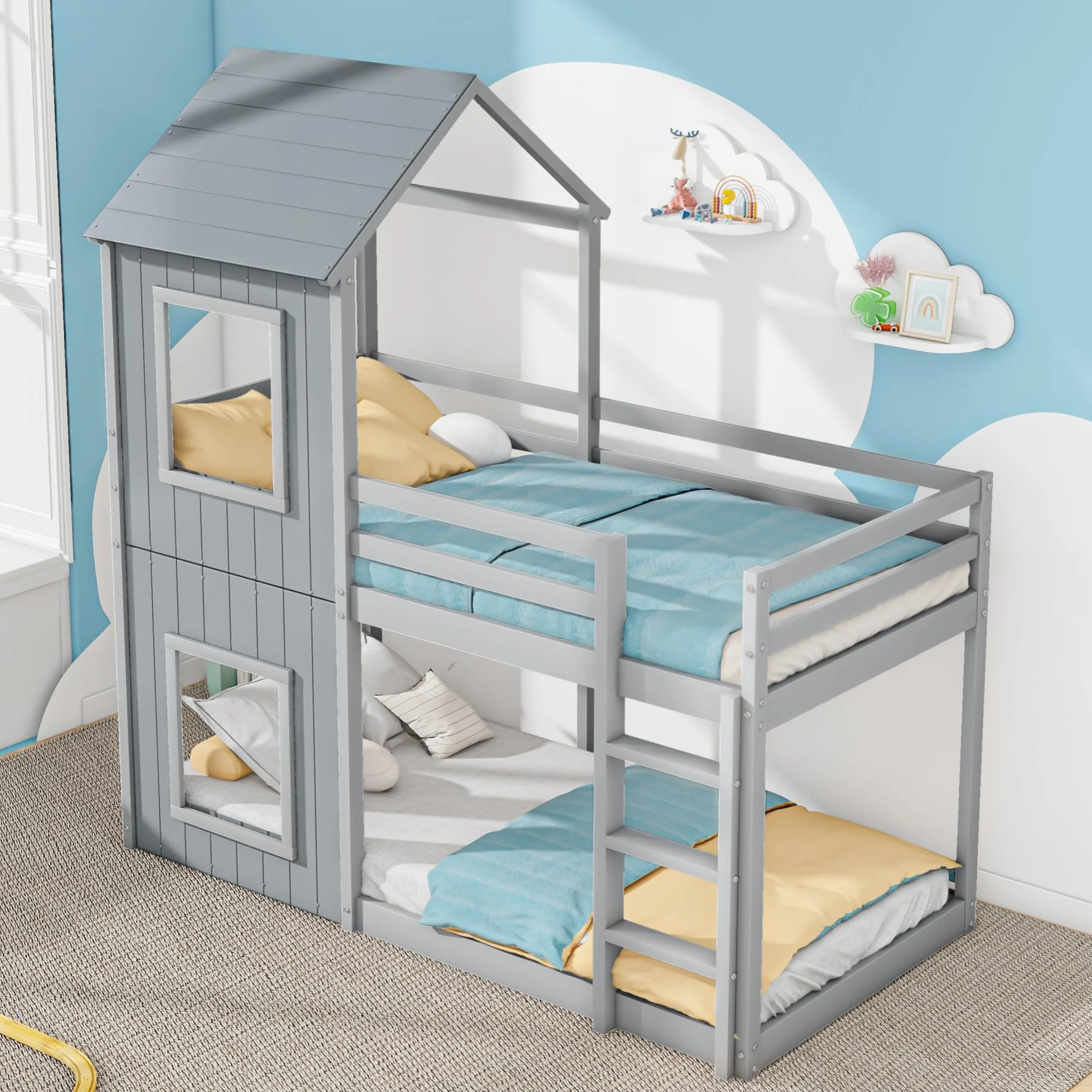 Idemon 90 x 200 cm litera, cuna, cama de casa para niñas y niños, con escalera y dosel, profundidad del suelo, madera maciza (gris)