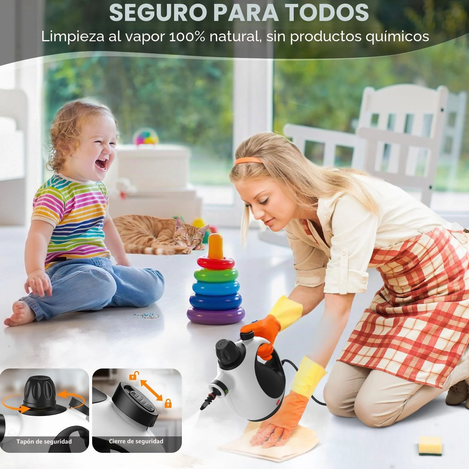 Vaporeta Limpieza Hogar Portátil Multiusos con Cierre de Seguridad y 14 Accesorios, Presurizado de Mano para Baño Ventanas Cocina