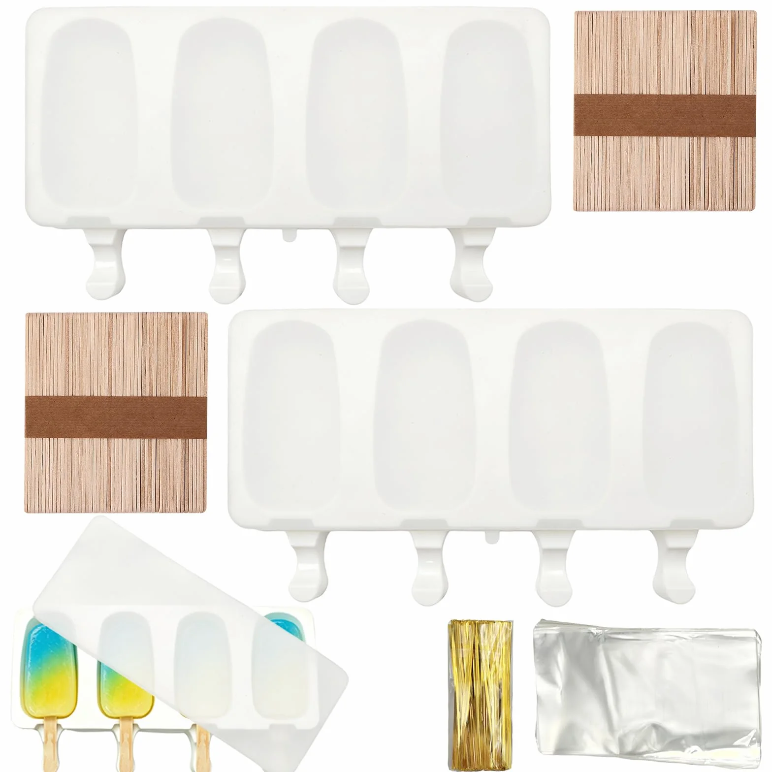Moldes Helados Silicona sin BPA, Molde Paletas Magnum, Reutilizable con 100 Palos