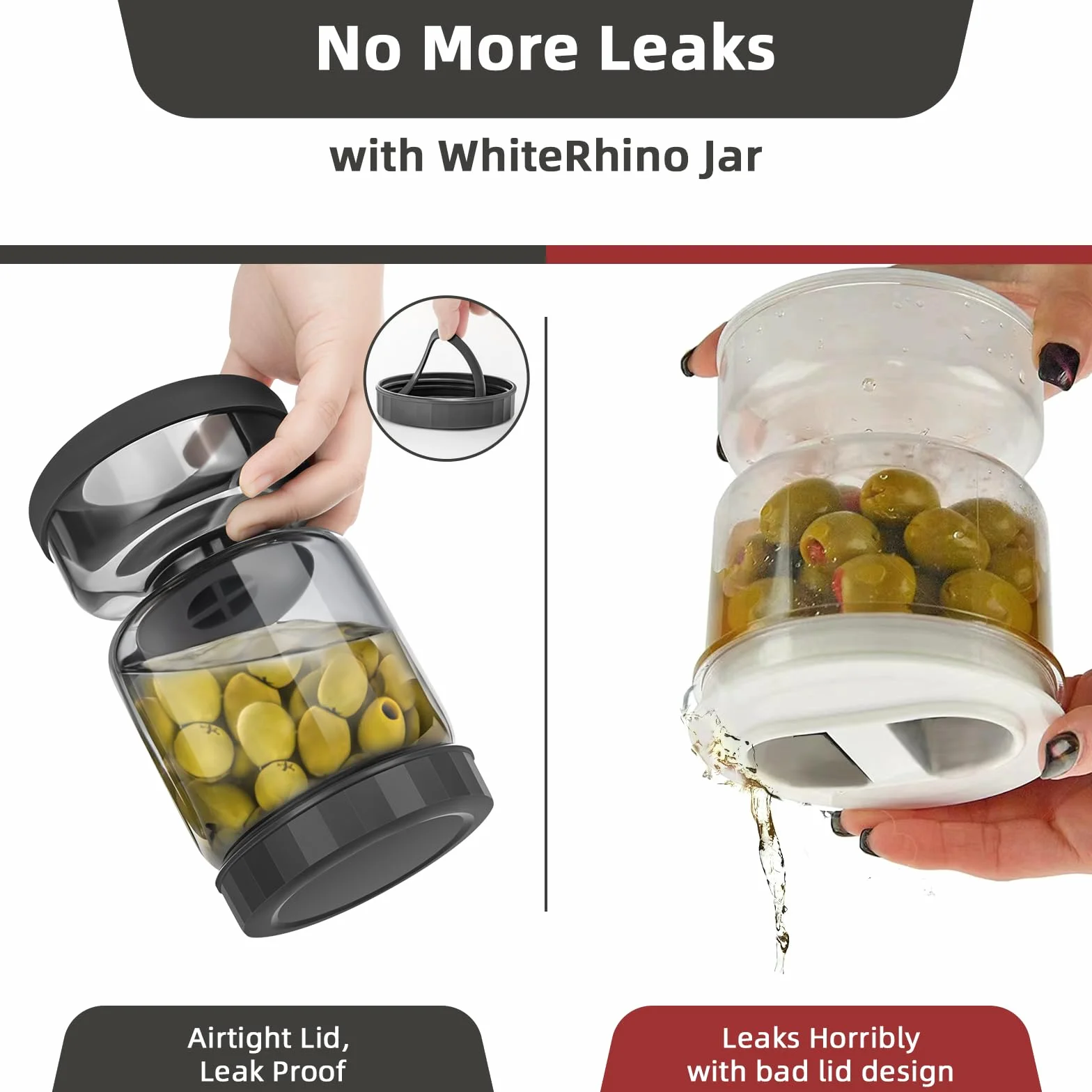 WhiteRhino Tarro de pepinillos con colador Flip,1L Recipiente de para pepinillos con doble a prueba de fugas,Tarro de cristal separador de jugo de pepinillos Flip Pickle y Olive Hourglass Jar(Gris 1L)