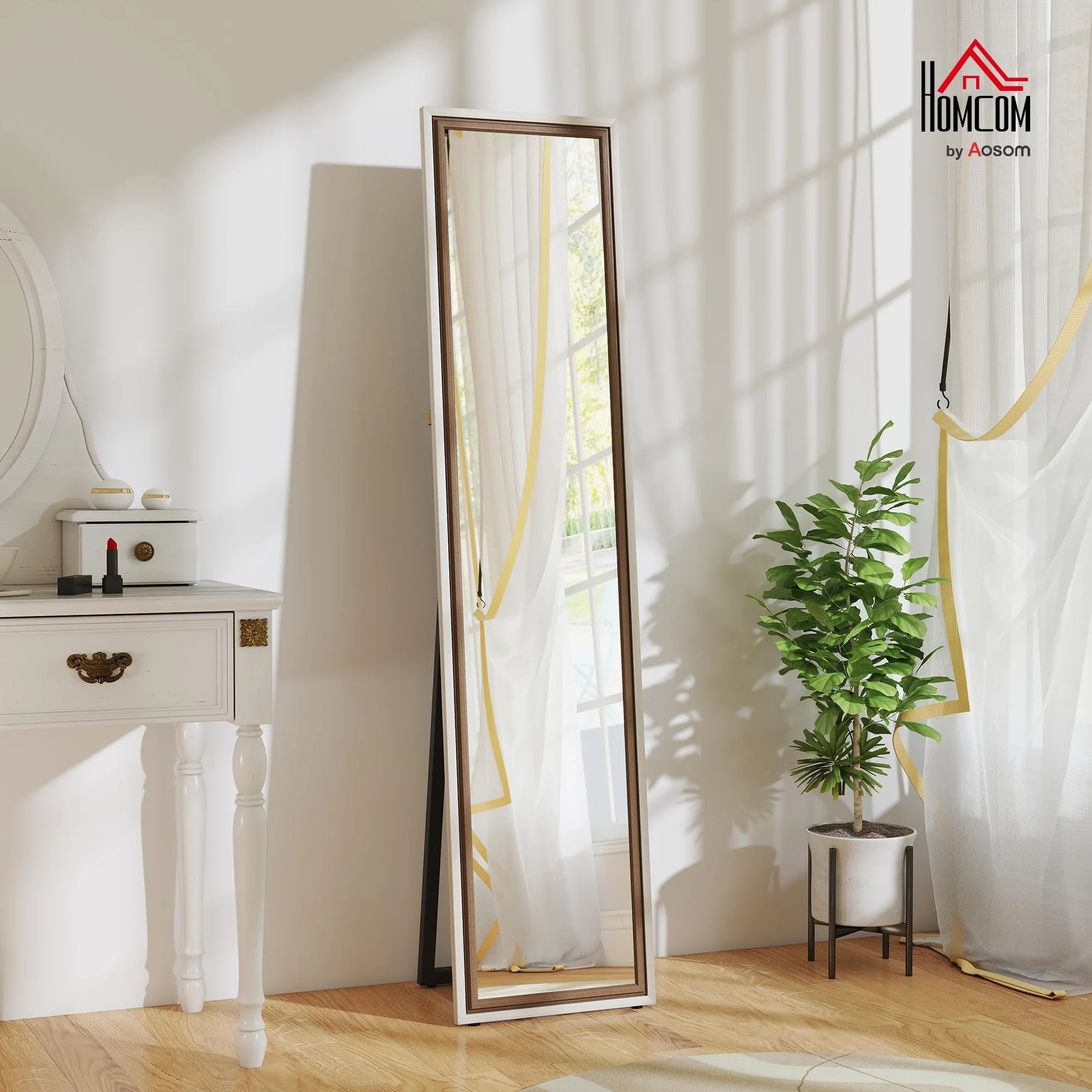 HOMCOM Espejo de Pie Cuerpo Entero 157x37 cm, Espejo Grande de Pared con Marco Bicolor, de Pie, Inclinado o Colgante, para Salón, Dormitorio, Pasillo, Entrada, Blanco y Marrón Oscuro