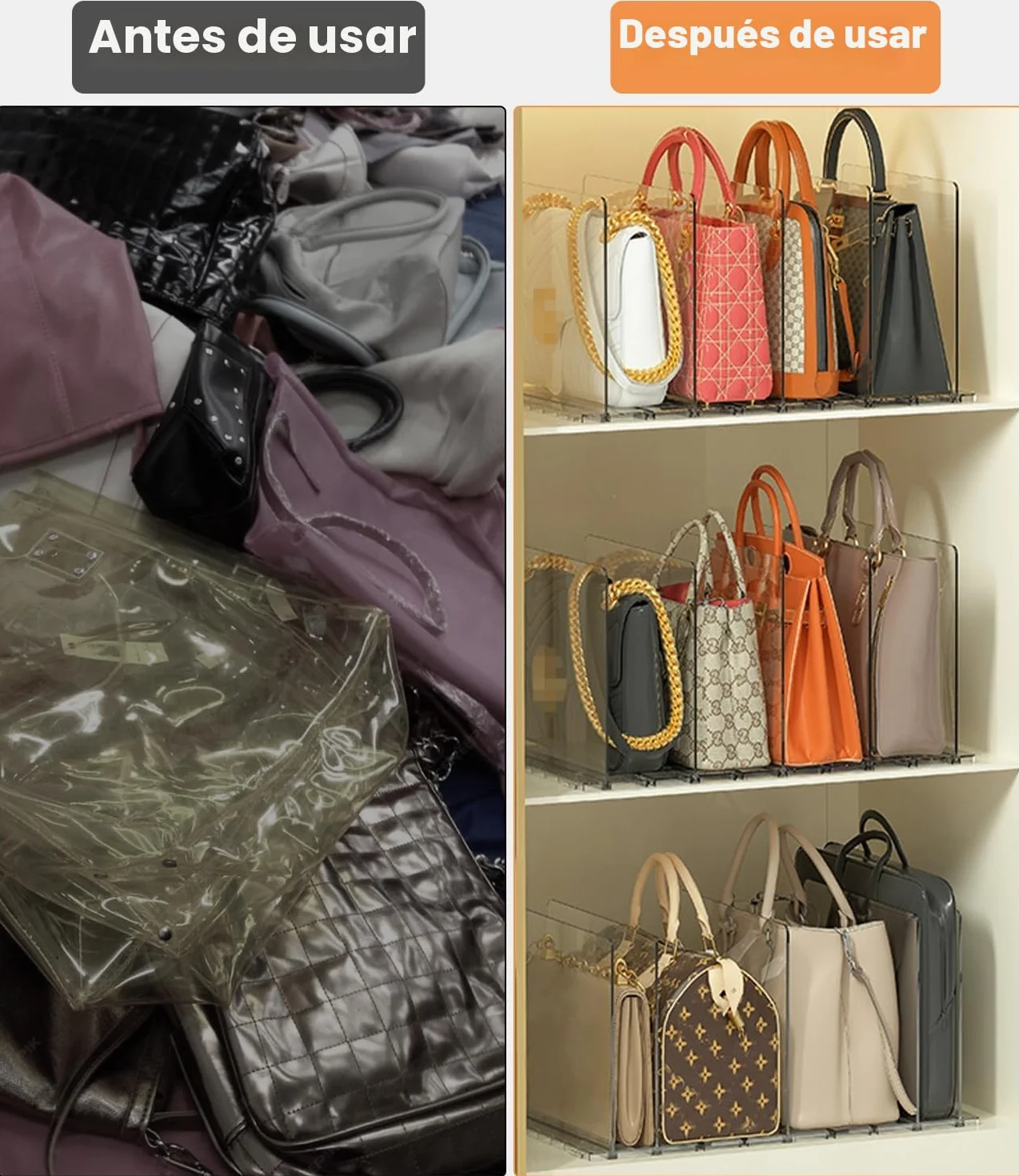 Set de 10 Separadores de Bolsos, Organizador de Armario Ajustable con Base Ranurada y Divisores, Ideal como Organizador de Armario y Bolsos de Mujer, También para Cocina, Baño y Escritorio