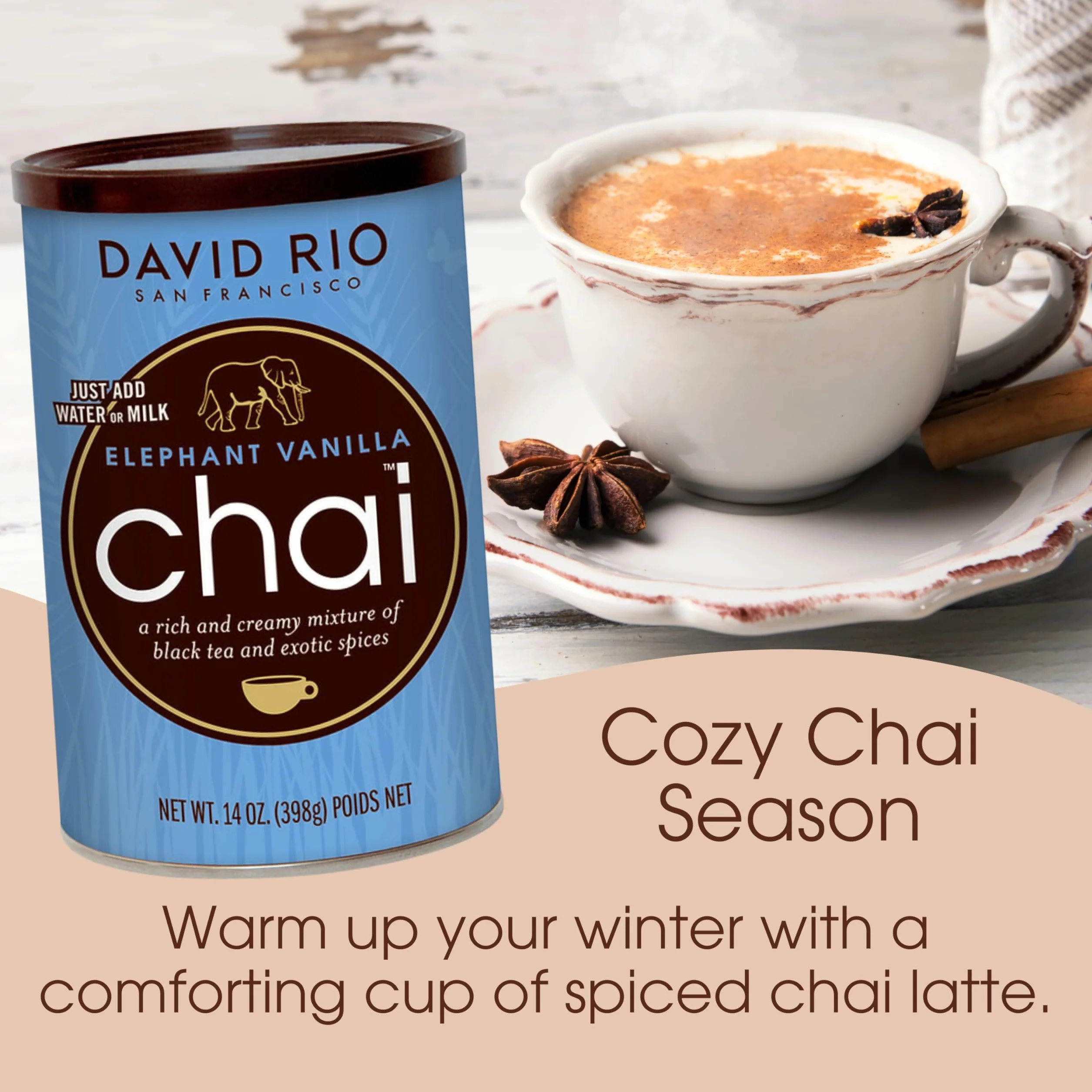 David Rio Chai Mix Elephant Vanilla 398g Instantánea Té Chai 1 Unidad