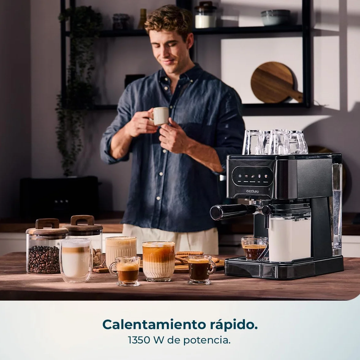 Cecotec Cafetera Express Semiautomáticas Power Espresso 20 ColdBrew Latte. 1350W, 20 Bares, Frío, Templado o Caliente, Pantalla Táctil, 1.5L Depósito Agua y 500ml Leche, Calientatazas, Doble Brazo