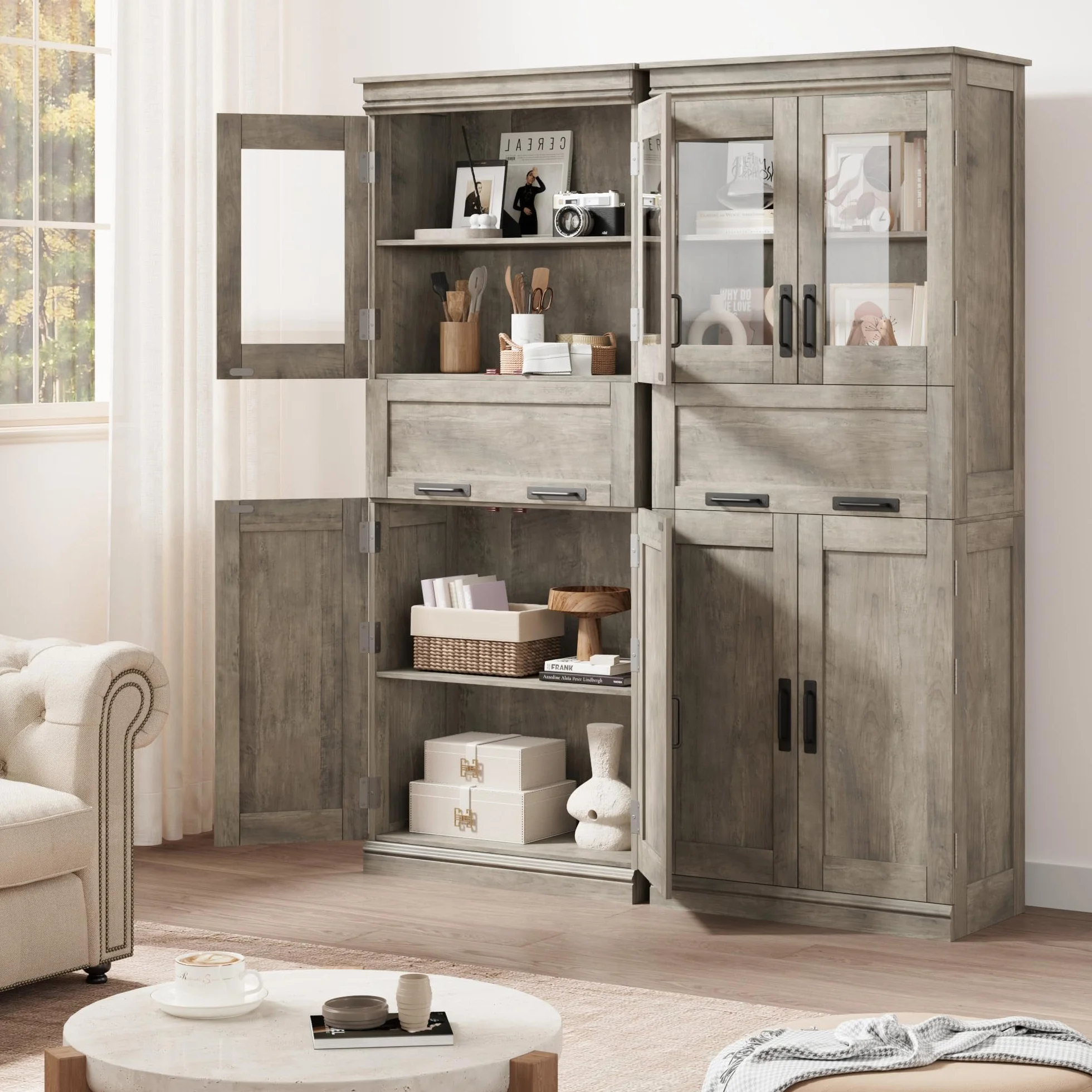 Armario de Baño Estilo Clásico Antiguo, Premium Ancho, Gran Almacenamiento, Ideal para Cocina, Baño y Salón. Estructura de Madera Maciza. 60 × 30 × 170 cm, Color Gris