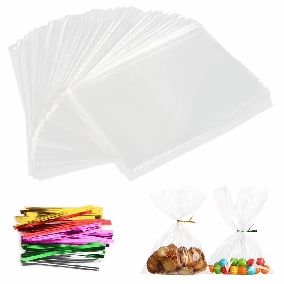 100 Piezas Bolsas de Celofán -15 x 25 cm Bolsas de Regalo Transparentes Bolsas de Caramelo con 100 Cintas Metálicas para Caramelos Galletas Pan Chocolates
