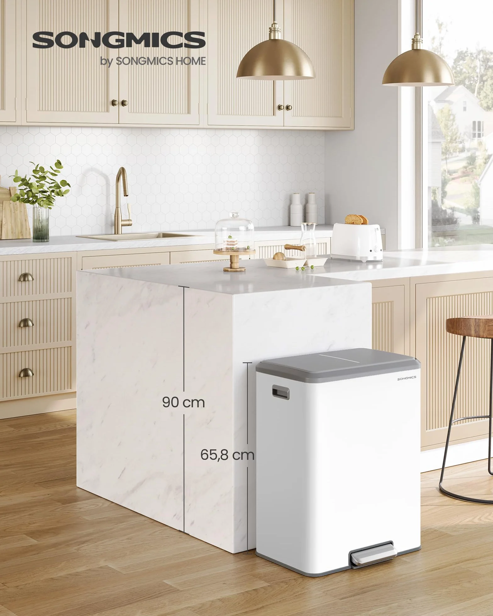 SONGMICS Papelera de Cocina, 2 x 30 L Cubo Doble para Reciclaje y Basura, Cubos Interiores, Acero, Tapa de Cierre Suave, Pedal Ancho y Robusto, Blanco Nube LTB556W02