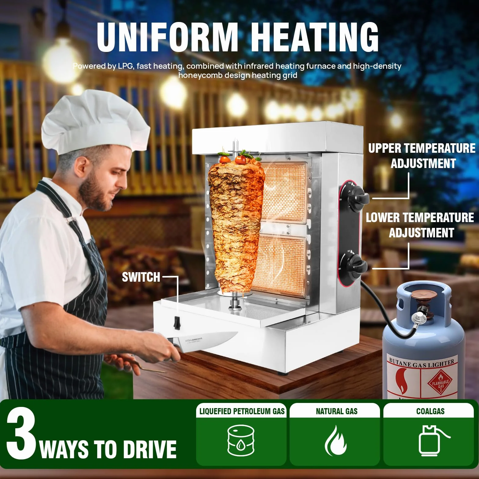 Máquina de Parrilla Shawarma Profesional 2 Quemadores, Asador para Kebabs y Tacos Al Pastor, Incluye 10 Pinchos de Acero Inoxidable