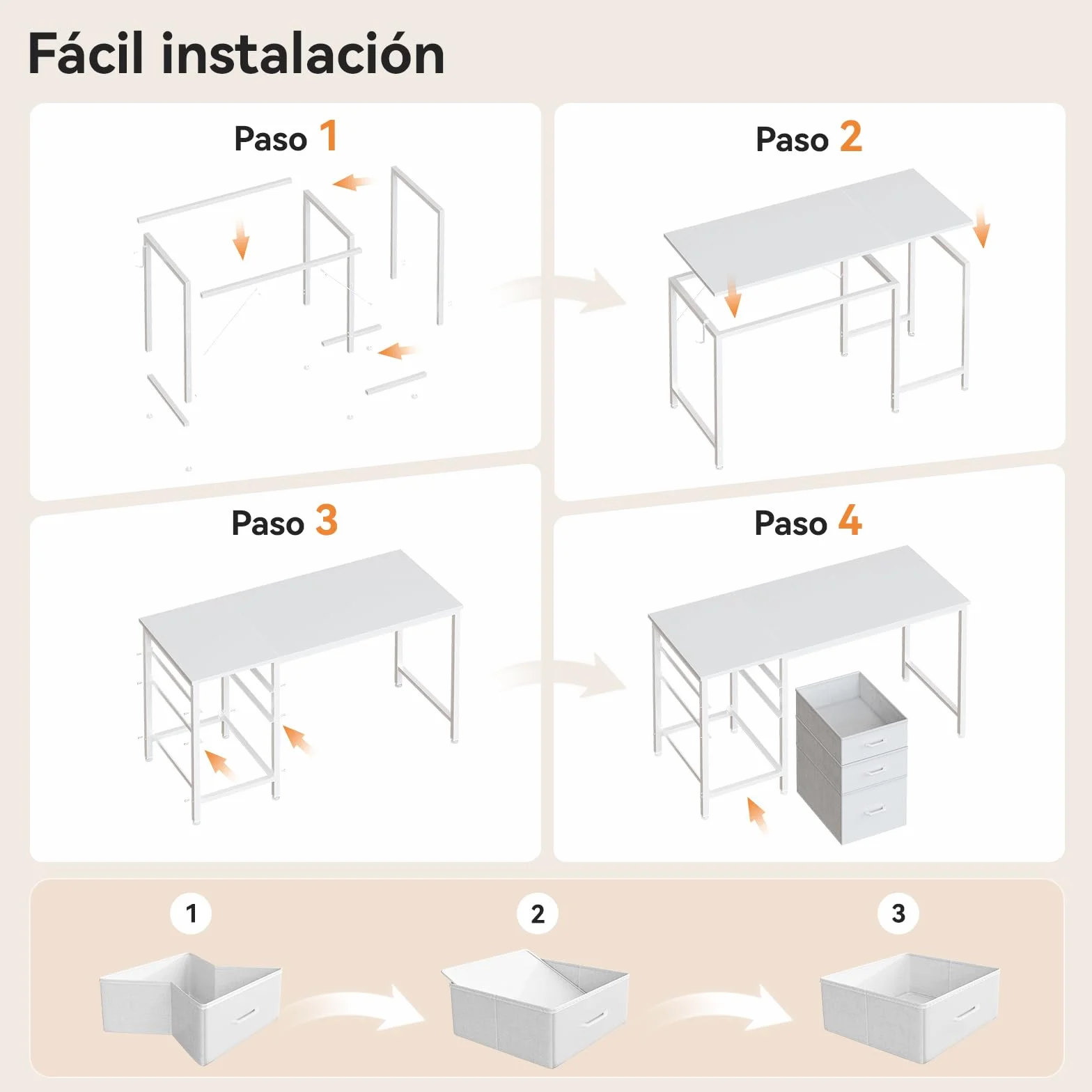 Coleshome Escritorio con 3 Cajones de Tela, 120x48cm, Soporte para Auriculares, Blanco, Reversible para Oficina en Casa