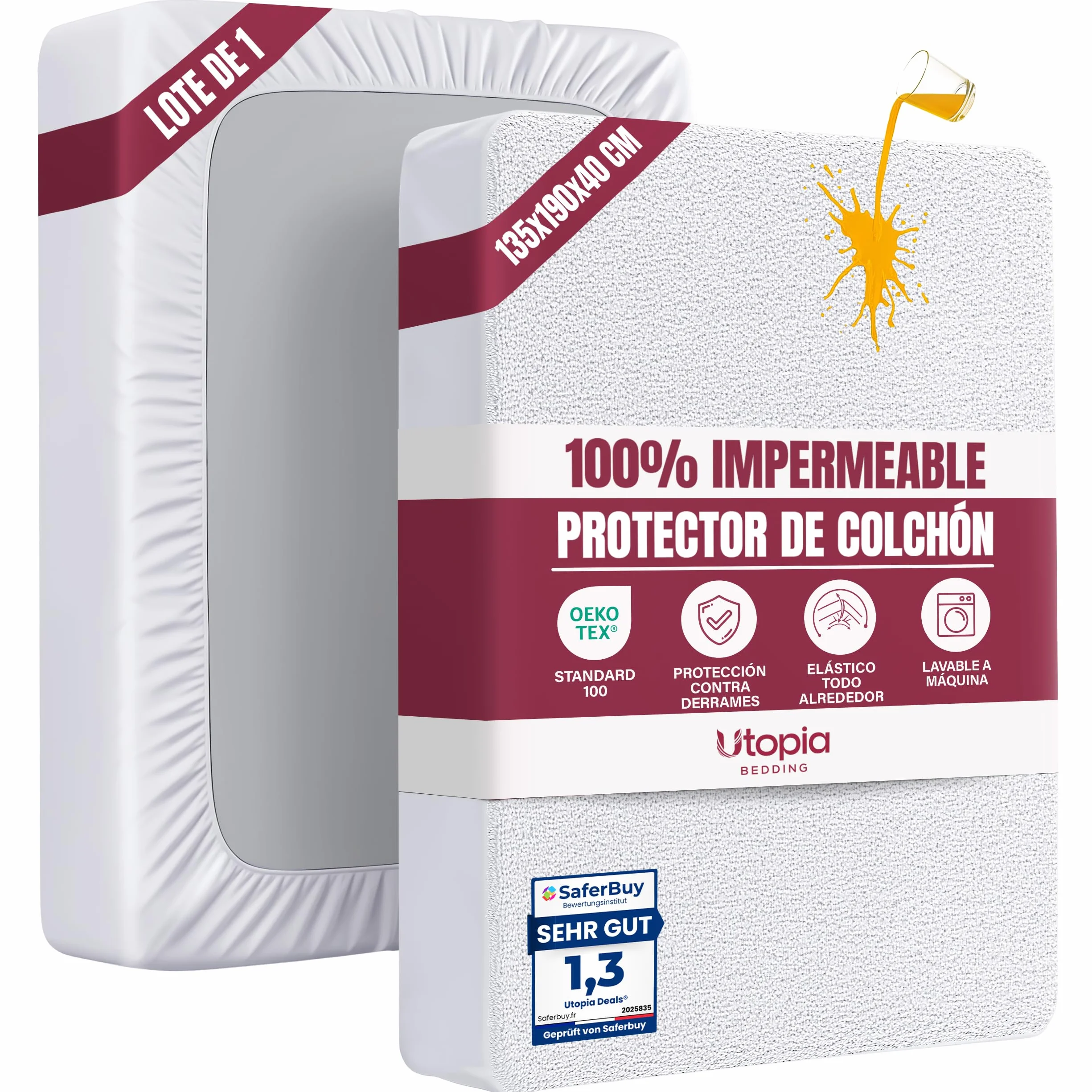 Utopia Bedding Protector Colchón 135 x 190 x 40 cm Impermeable Oeko-Tex Funda Colchón