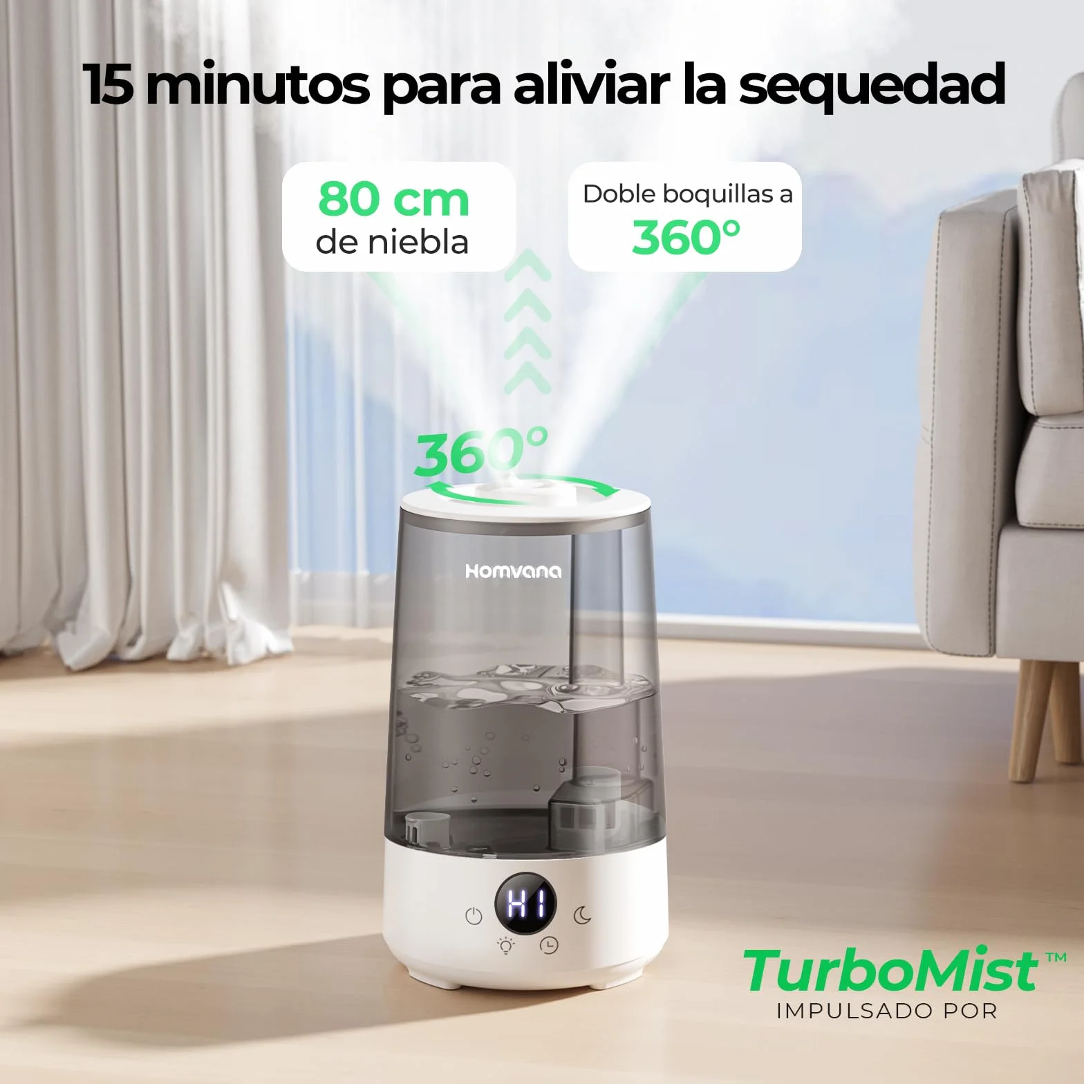 Homvana Humidificador Bebes Mocos y Tos 3.6L Cool Mist Silencioso Top-Fill 34 Horas BPA Free Gris