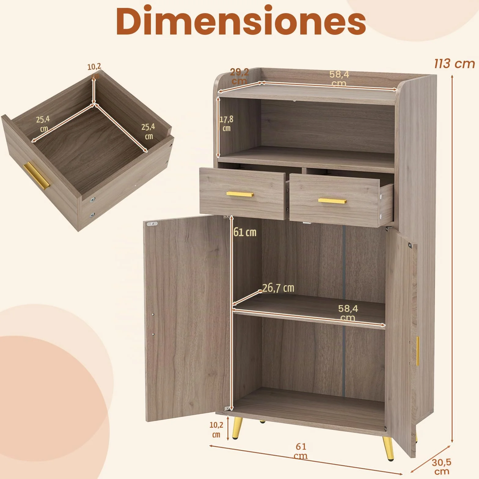GIANTEX Aparador Buffet de Cocina con 2 Puertas, 2 Cajones y Estantes Abiertos, Armario Auxiliar con Kit Antivuelco, 60 x 30 x 113 cm, Mueble de Almacenamiento para Salón, Comedor, Entrada (Gris)