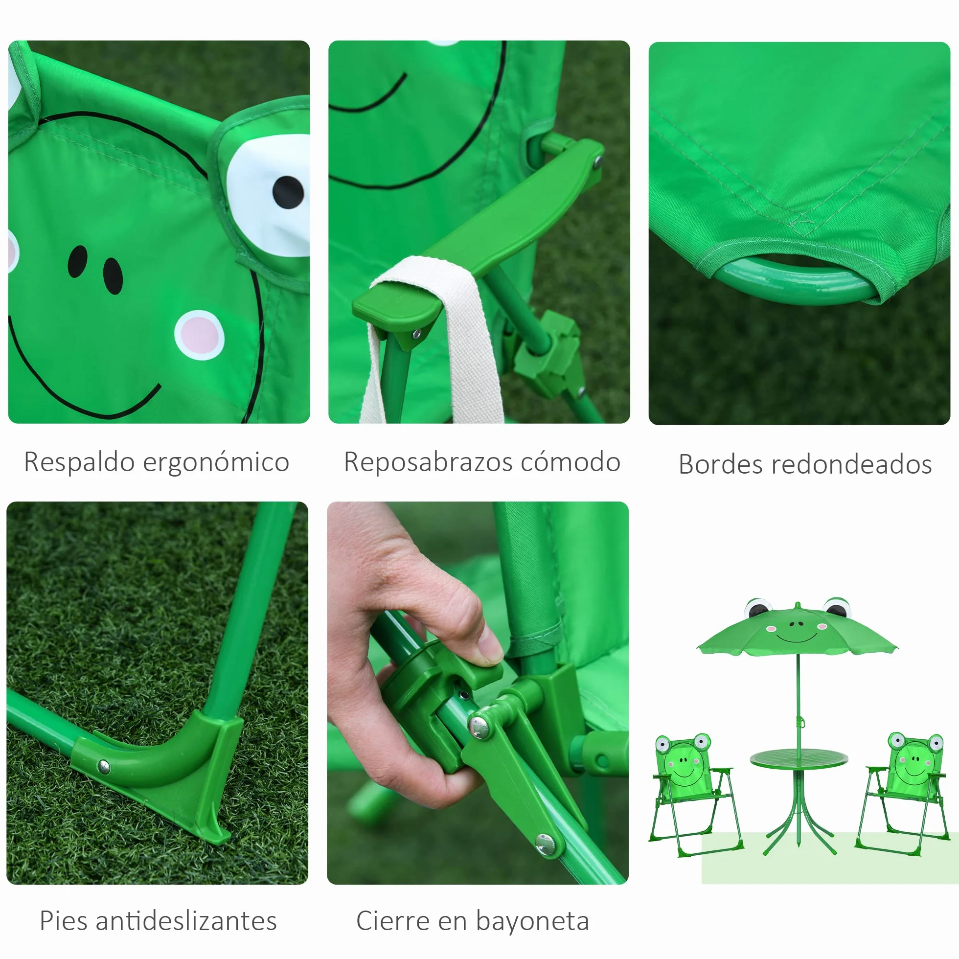 Outsunny Set de Mesa y Sillas Infantil de Jardín Plegable con Sombrilla Ajustable 100-125 cm Verde
