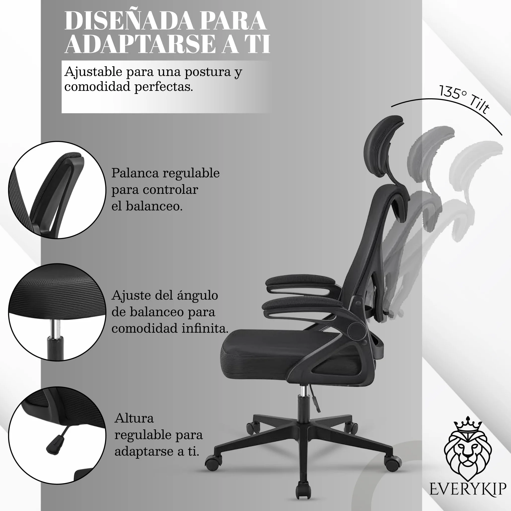 EveryKip Silla Escritorio Ergonomica Ajustable con Reposabrazos Beige Ruedas Anti-Arañazos Sillas Oficina Ejecutiva con Reposacabezas Negro