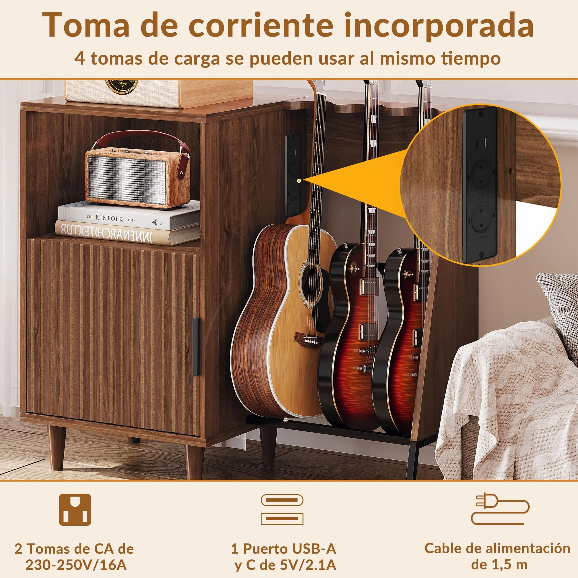 Mueble para Tocadiscos y Vinilos de Madera Vintage Mid-Century con Soporte para 3 Guitarras