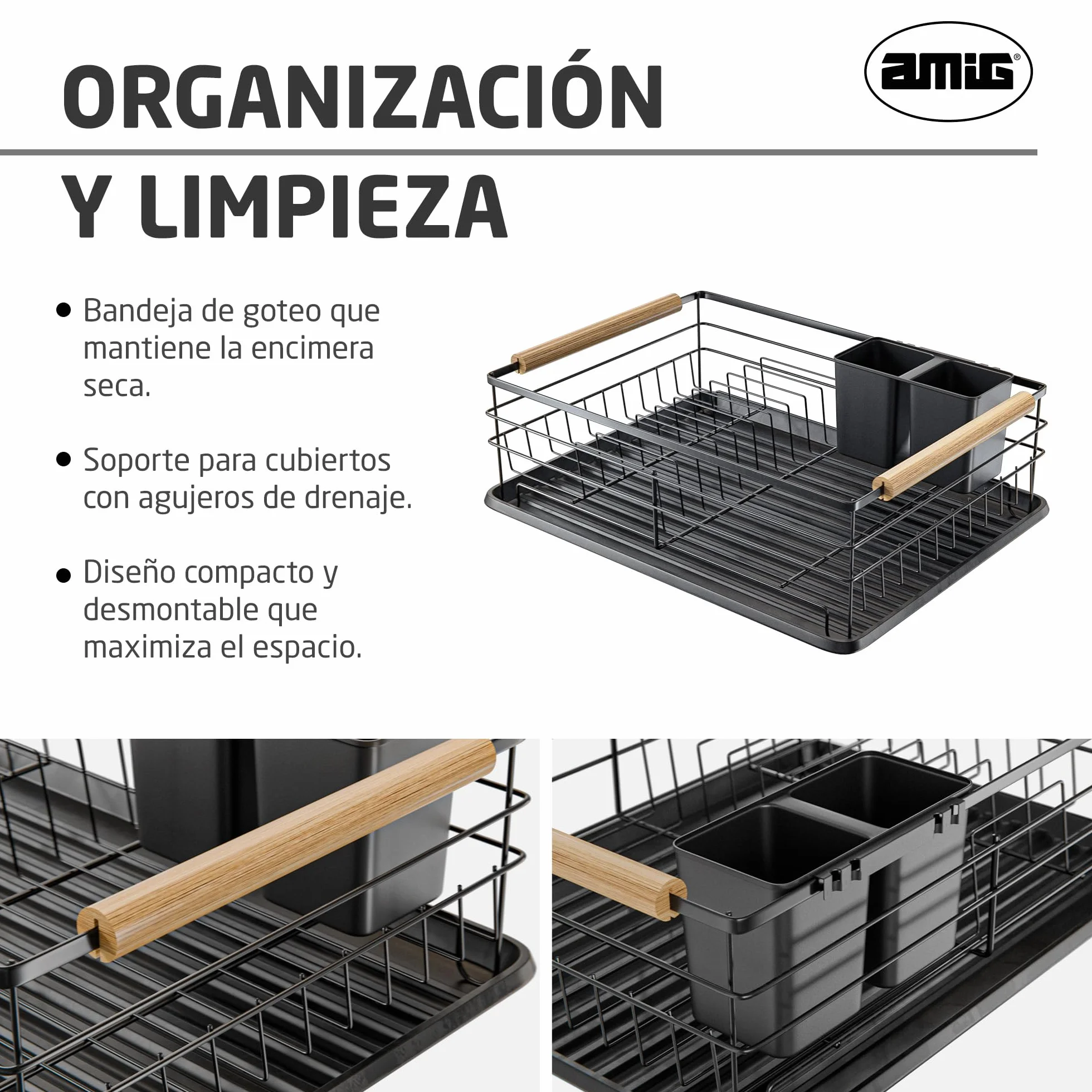 Amig - Escurreplatos Graz II Negro - 42 x 31,5 x 15 cm - Acero con Mango de Madera - Color Negro - Escurreplatos con Bandeja de Goteo y Soporte para Cubiertos - Capacidad 10 Platos y 6 Vasos