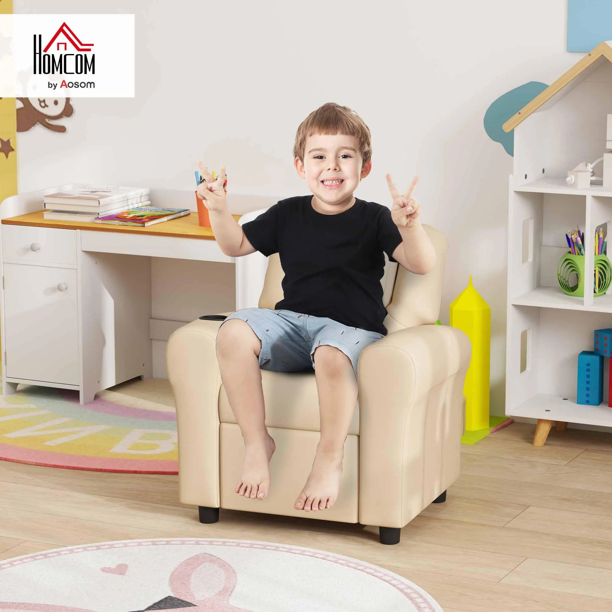 HOMCOM Sillón reclinable de piel sintética para niños con respaldo ajustable, reposapiés y portavasos, beige