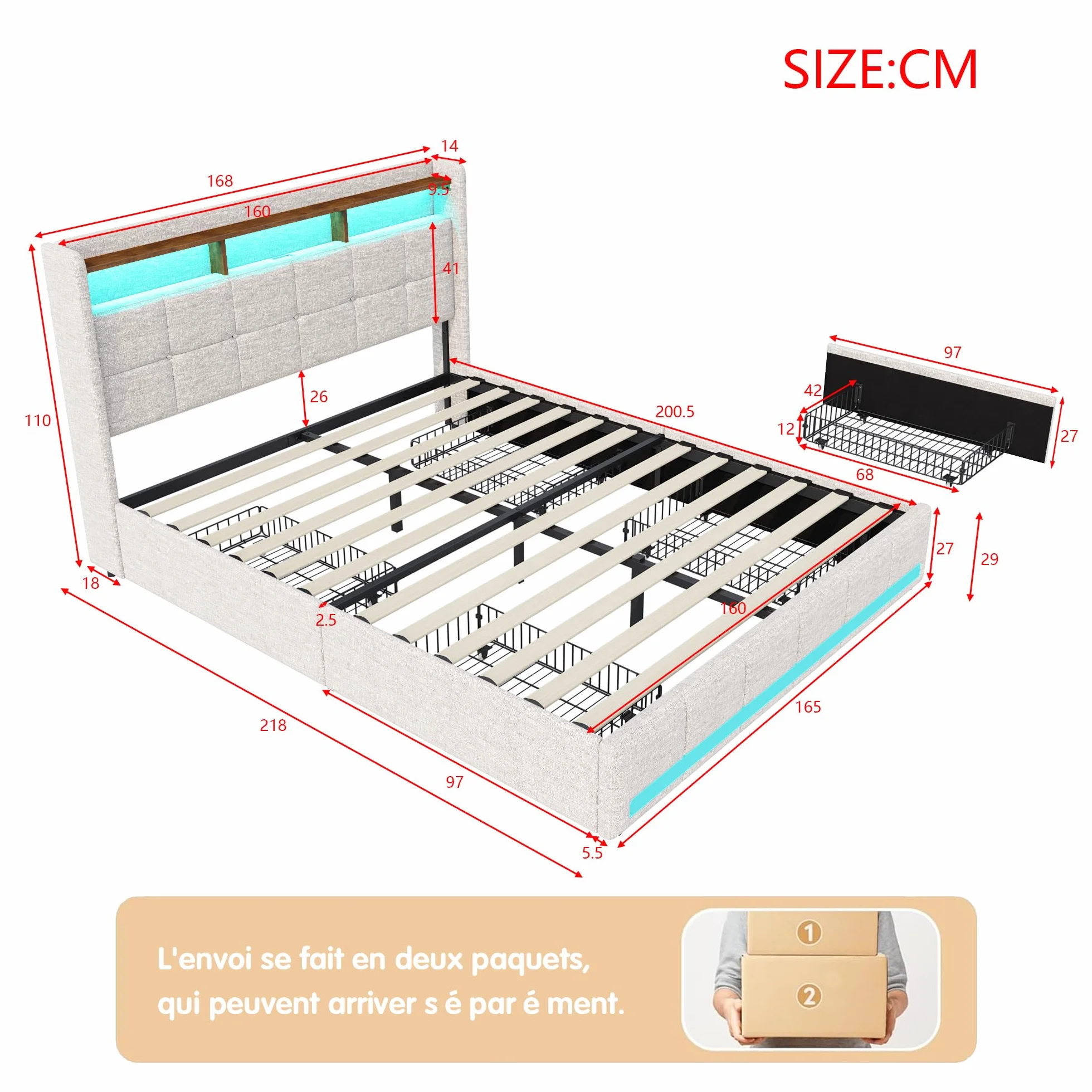 Cama Tapizada 160x200 con Espacio de Almacenamiento, Cama Matrimonial con Toma USB y luz LED, Cama Juvenil con 4 Cajones, Estructura de Cama con cabecero y somier, Tela de Lino, Sin Colchón, Beige A