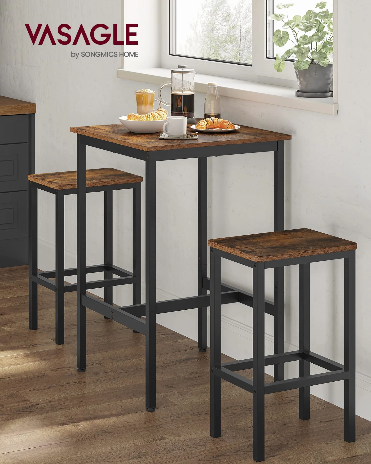 VASAGLE Mesa de Bar, Mesa Alta Cuadrada, Marco de Acero Resistente, 60 x 60 x 92 cm, FÁcil de Montar, para Sala de Estar, Cocina, Estilo Industrial, MarrÓn RÚstico y Negro LBT25X