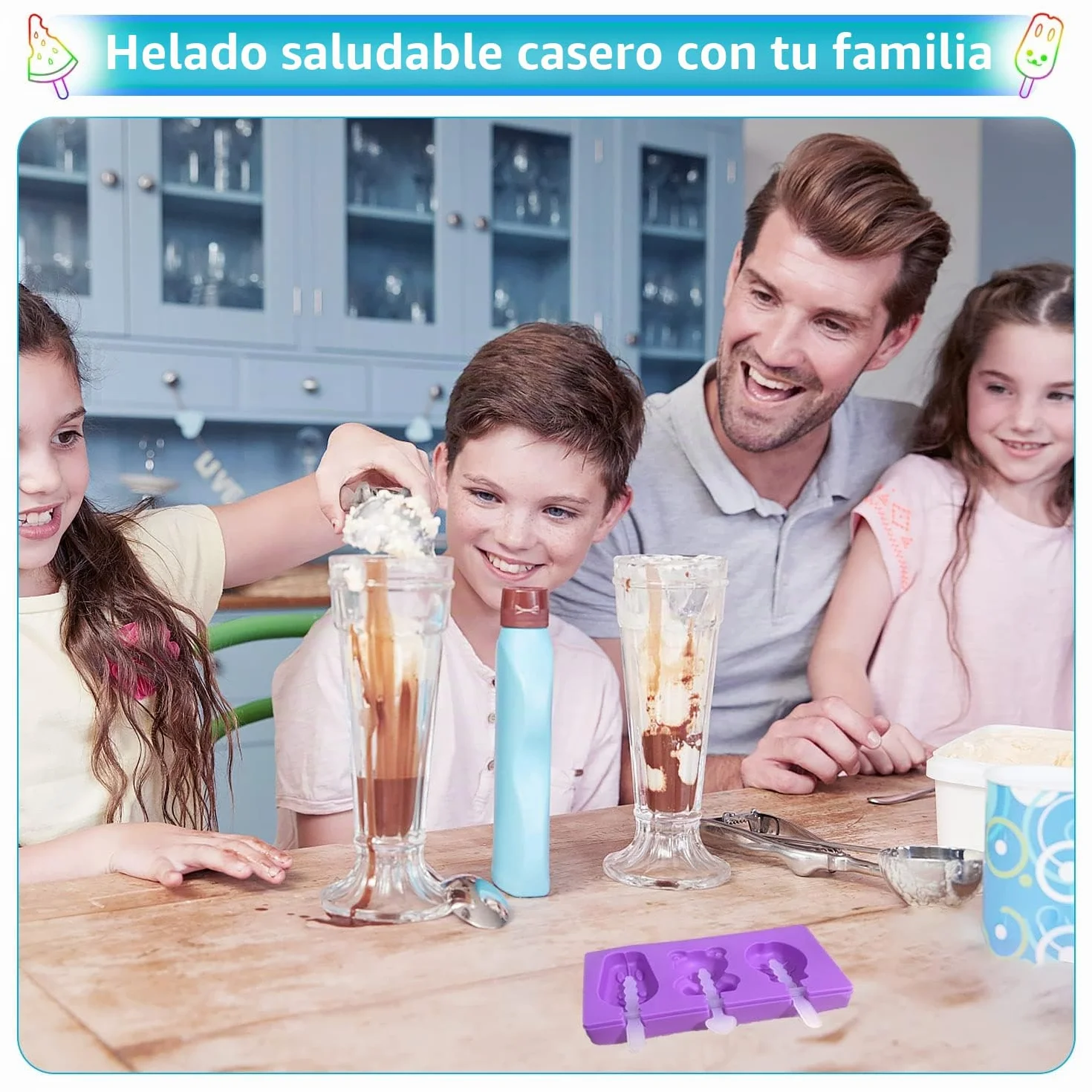 KEELYY Moldes de Helado de Silicona 3 Cavidades con 6 Palos Reutilizable Sin BPA, Juego DIY Popsicle para Postre Congelado