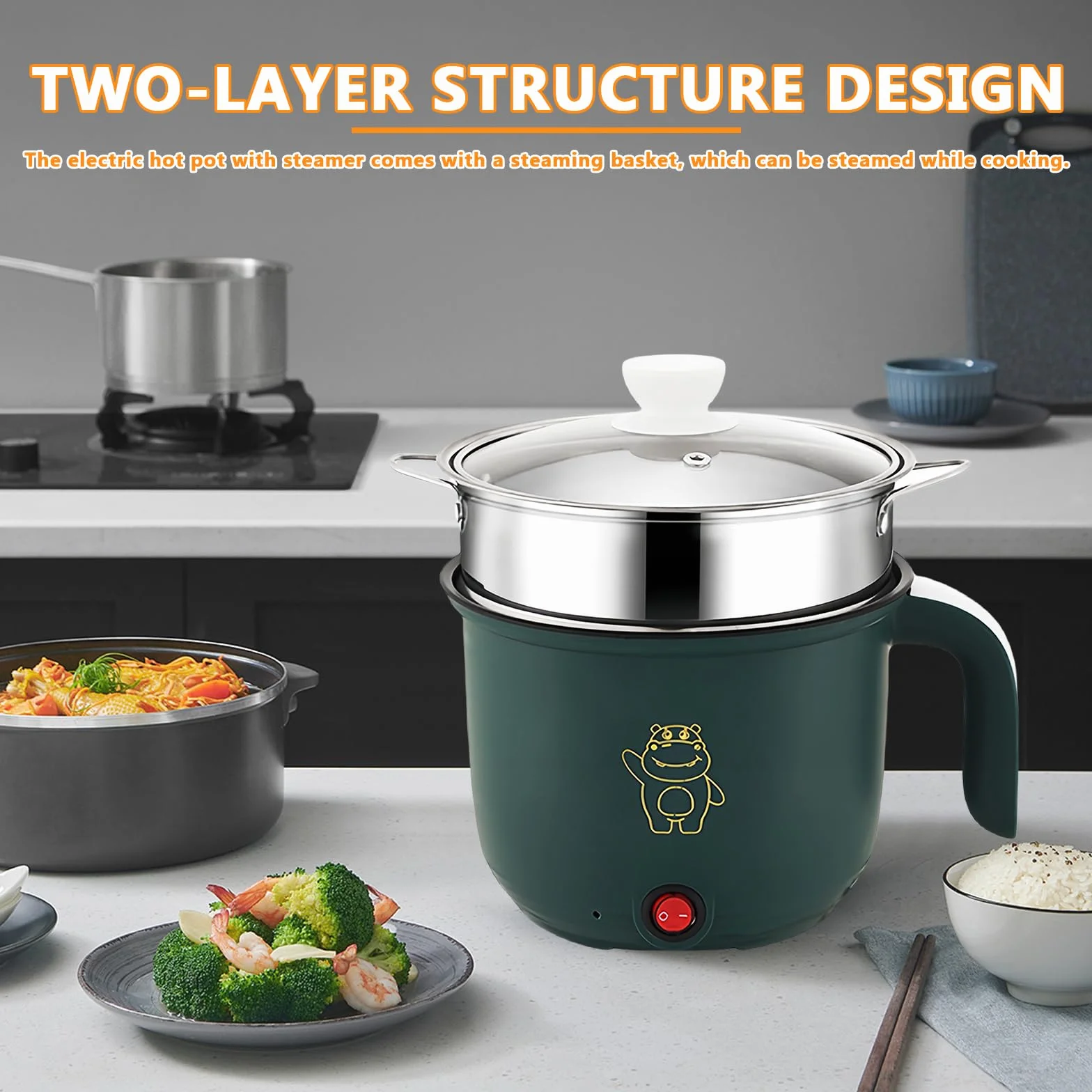 Olla Caliente Eléctrica con Vaporera 1.5L, Mini Sartén Eléctrica Portátil Multifuncional para Cocinar Ramen