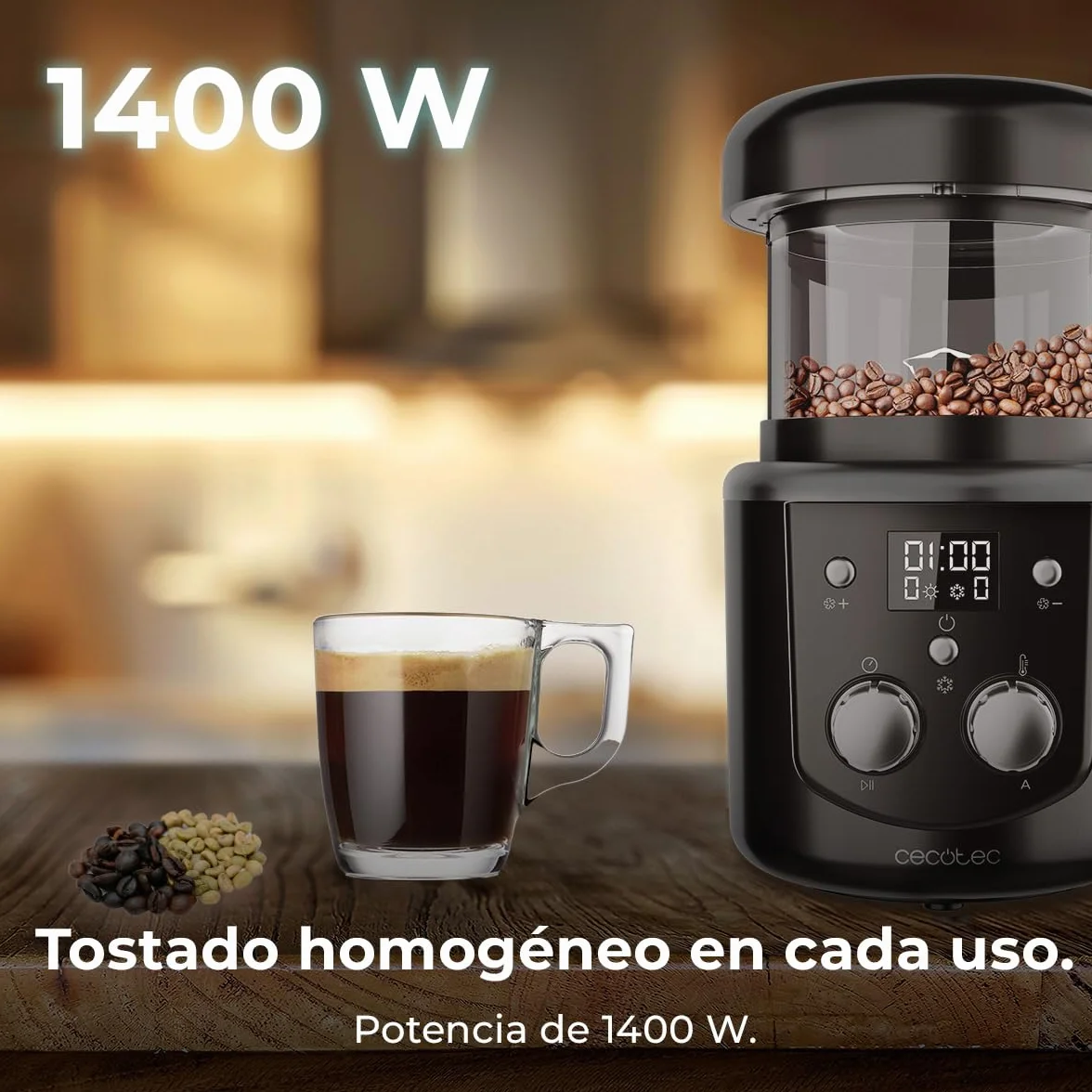 Cecotec Tostadora de Café en Grano Eléctrica Roaster Booster 1400W, Tueste Automático o Manual, Capacidad 100-150gr