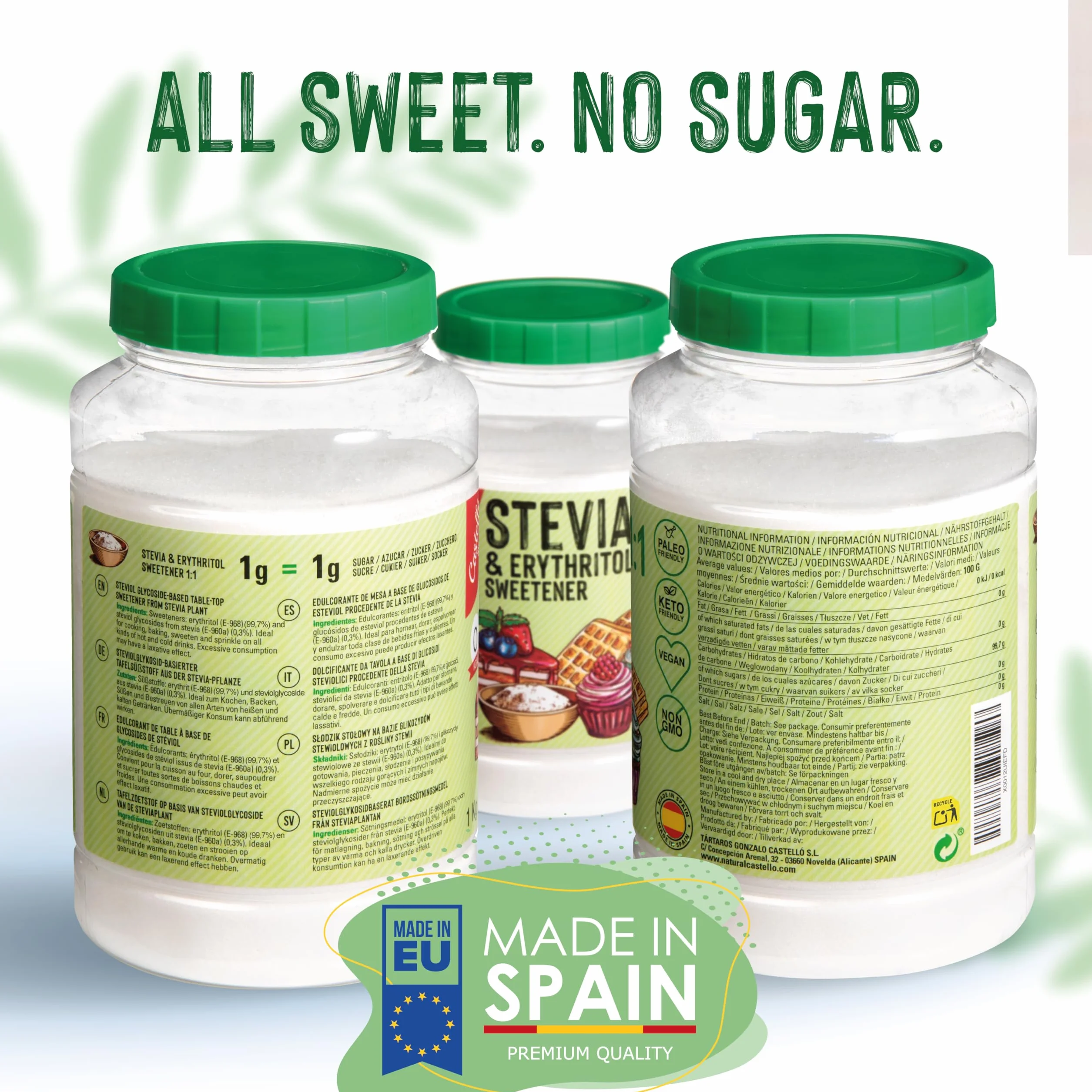Castillo Stevia Eritritol 1:1 1 kg Sustituto del Azúcar 100% Natural 0 Calorías Keto Paleo No OGM