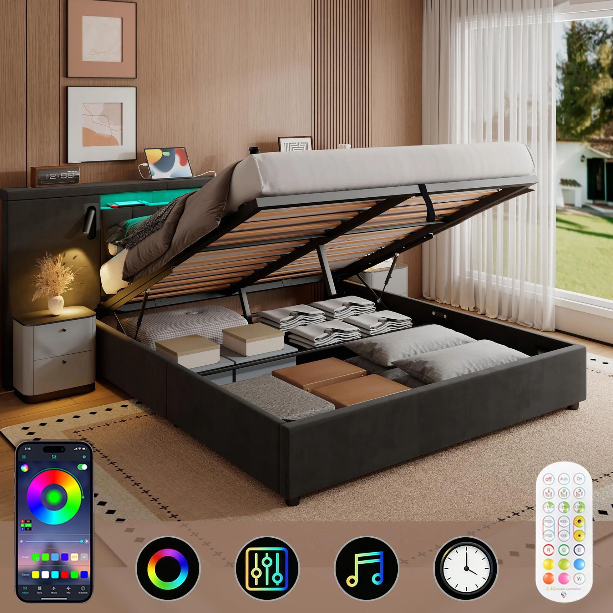 Cama 180x200 con LED y USB, Camas Matrimoniales con Almacenaje, Cama Matrimonio con lámpara de Lectura, Cama Canape con Cabecero, Estructura Cama Doble con Somier, Sin Colchón,Terciopelo (Gris)