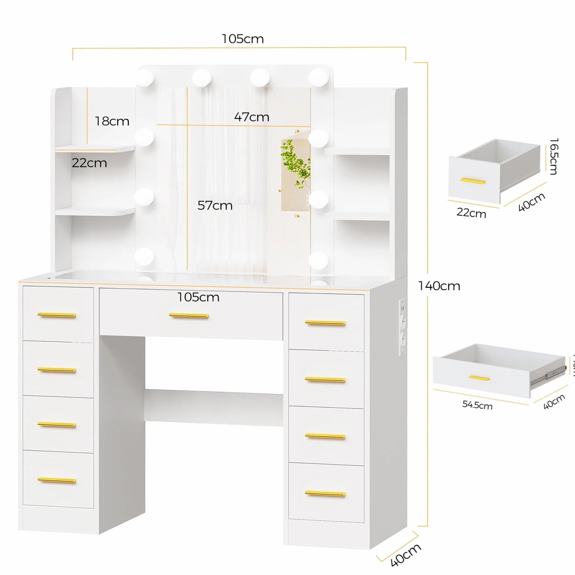 BEWISHOME Tocador con Luces LED Regulables, Mesa de Maquillaje con Espejo y Tapa de Vidrio, 9 Cajones Blanco EFST39W