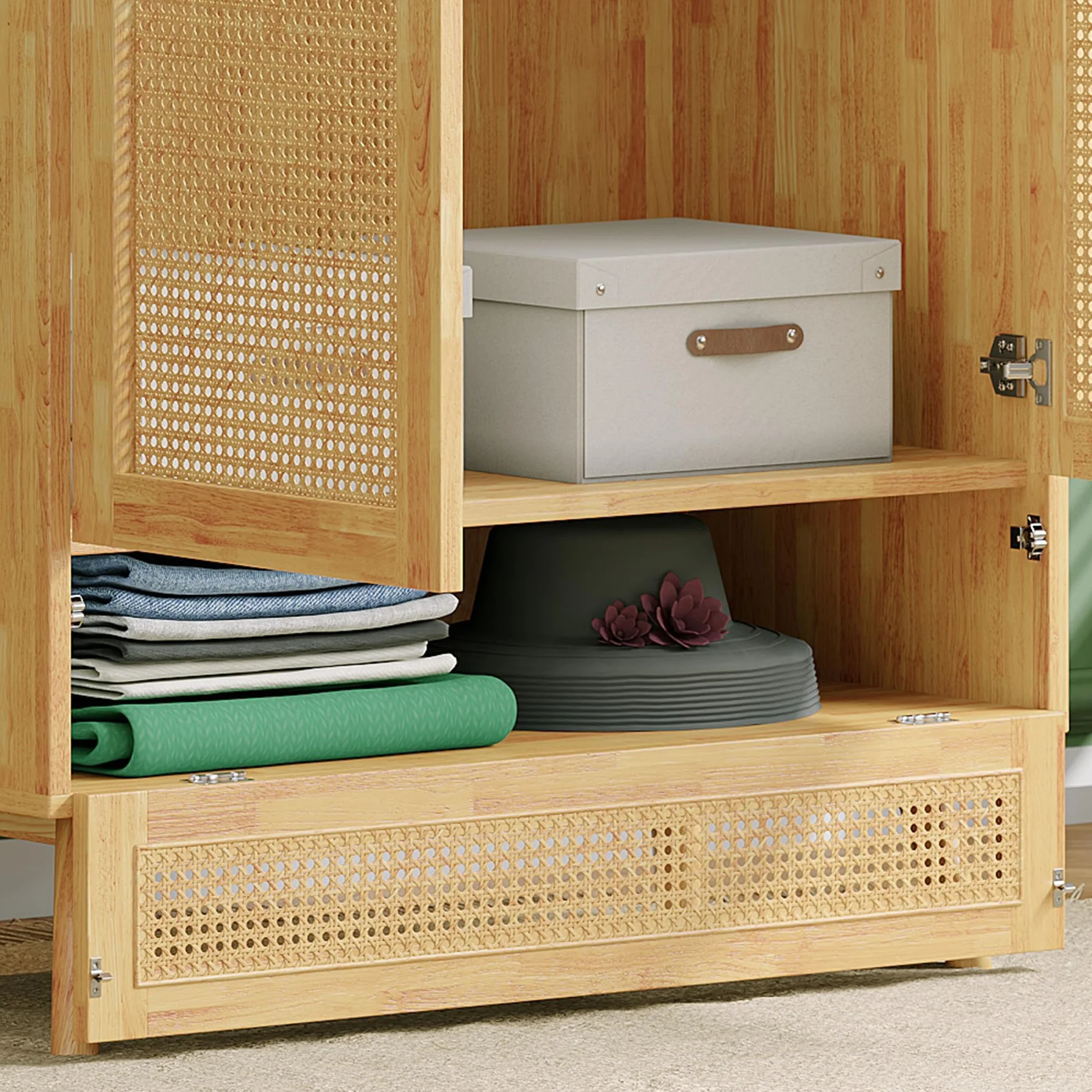 Moimhear Armario con barra, 90 x 45 x 183 cm, armario de 2 puertas, dormitorio, red de ratán, con tapa inferior abatible, tablero de partículas + ratán sintético