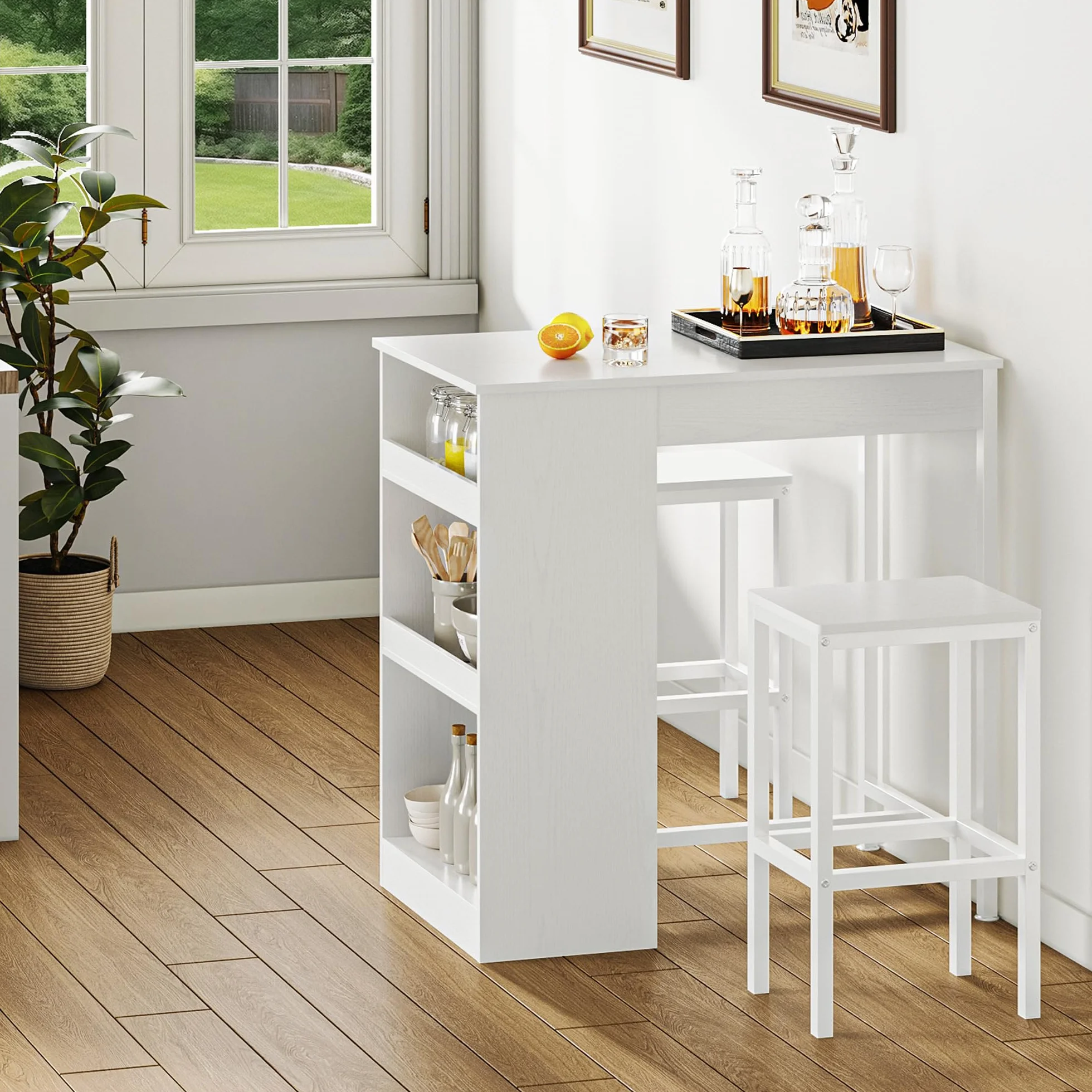 YITAHOME Juego de Mesa de Bar con taburetes de Bar, Mesa de Bar de 3 Piezas, Mesa de Comedor con 2 taburetes, 3 estantes, Taburete de Bar con Marco de Metal, Blanco