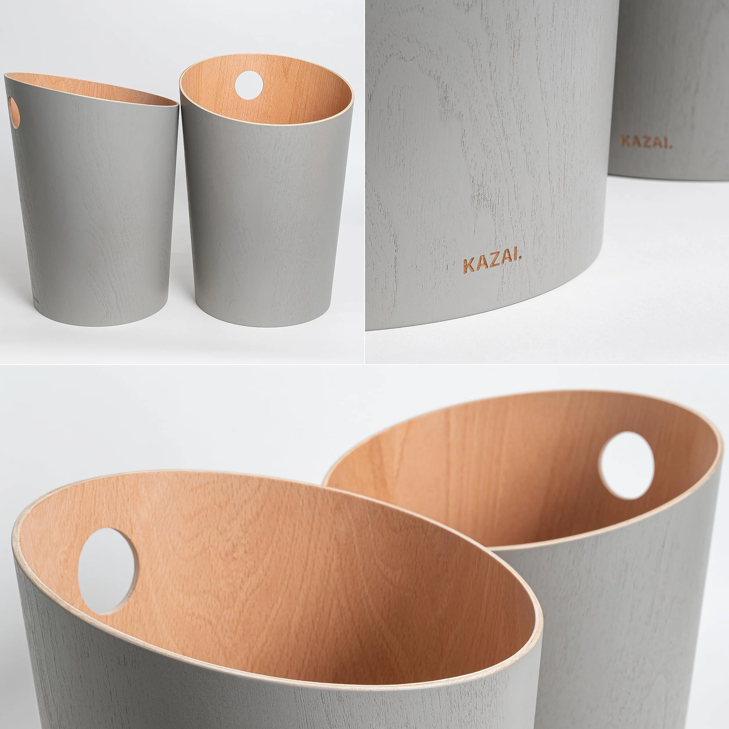 Kazai. Papelera de Diseño 'Bennet' | Cubo Basura Única para Oficina, Dormitorio, Habitación Infantil y Más | Papelera Hecha de Chapa de Madera Real | Gris (claro)