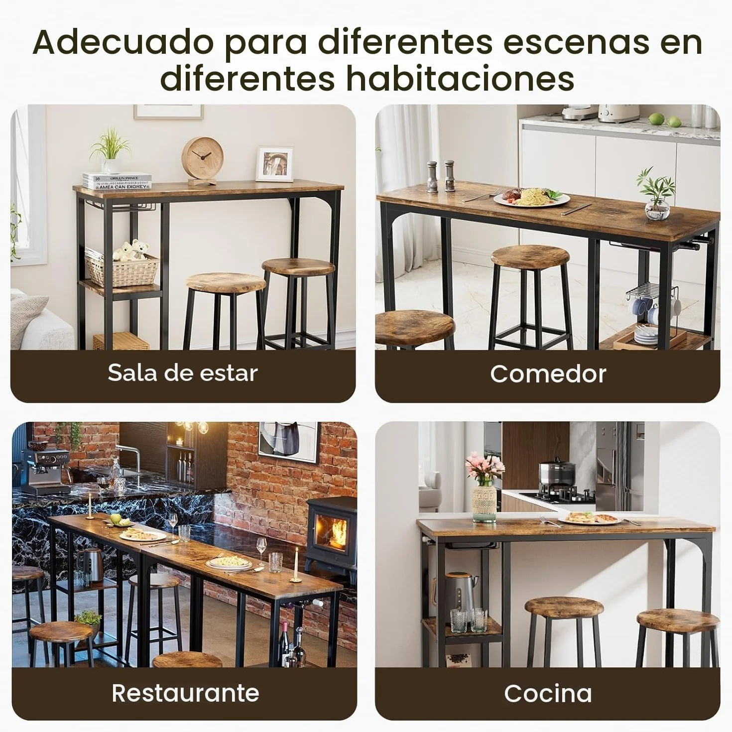 Bealife Juego de Mesa de Bar Alta con 2 Taburetes - Mesa Alta para Cocina o Salón con 2 Estantes y Portabotellas de Vino (Retro)