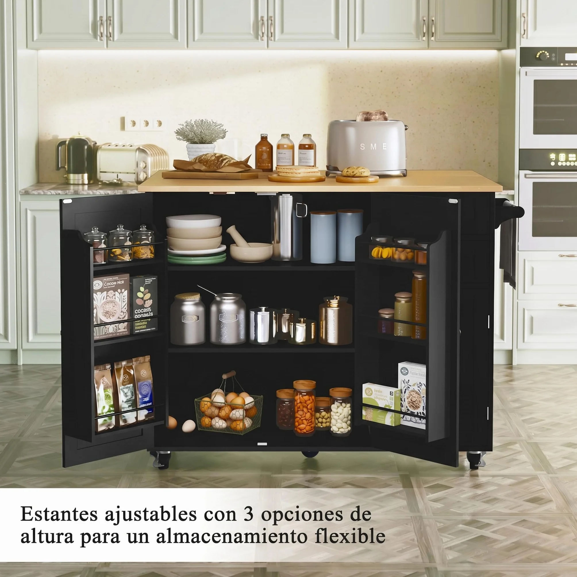 HOLTICO Isla de Cocina sobre Ruedas,Mueble de Cocina con Encimera Extensible de Caucho,3 Estantes Regulables y Especiero de 3 Niveles,para Comedor y Sala de Estar,128x46x91cm,Negro
