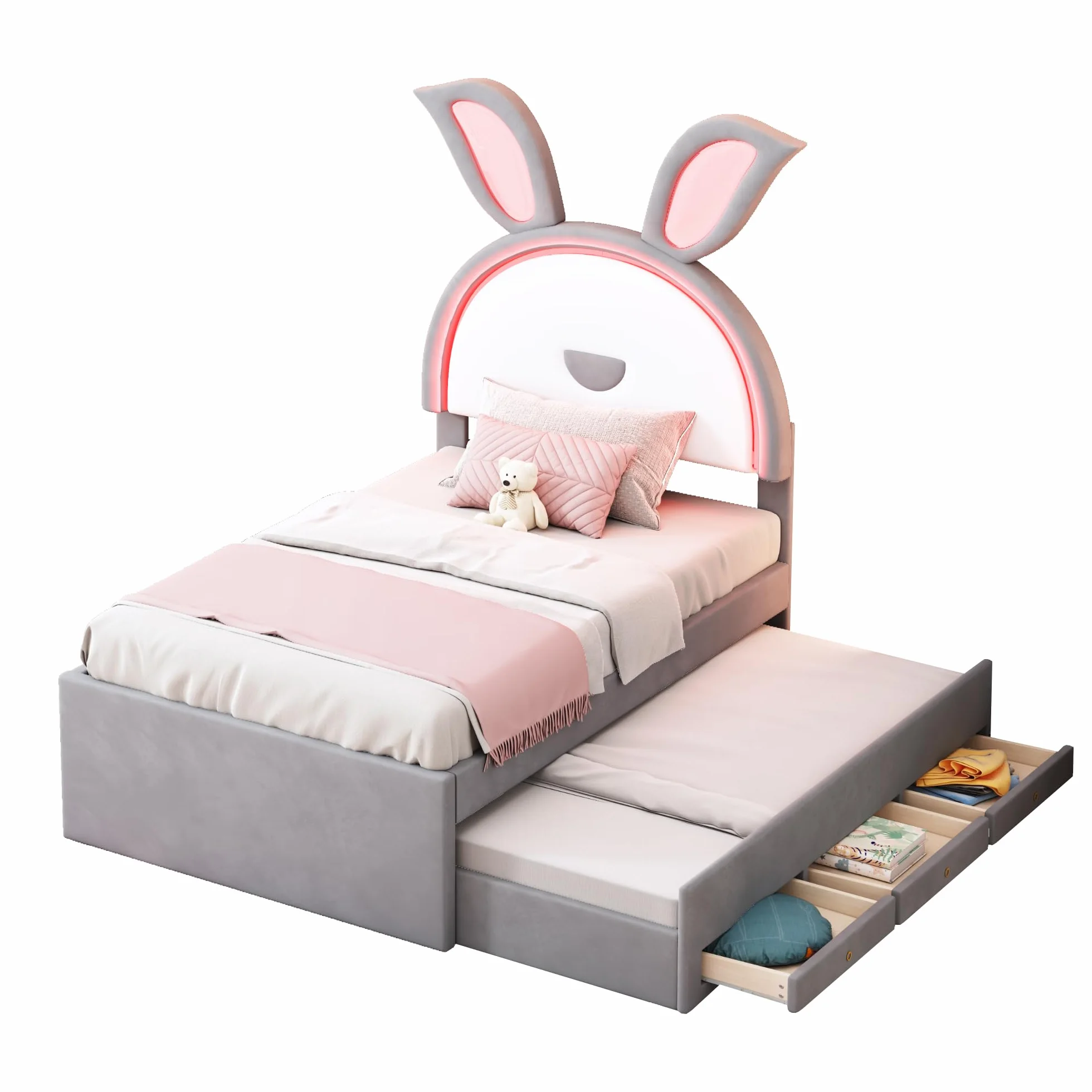 Azkoeesy Cama Infantil tapizada con Cama Nido y 3 cajones, con iluminación LED, diseño de Orejas de Conejo de Dibujos Animados, para 2 niños y niña, Funda de Terciopelo, 90x200 cm + 90x190 cm, Gris