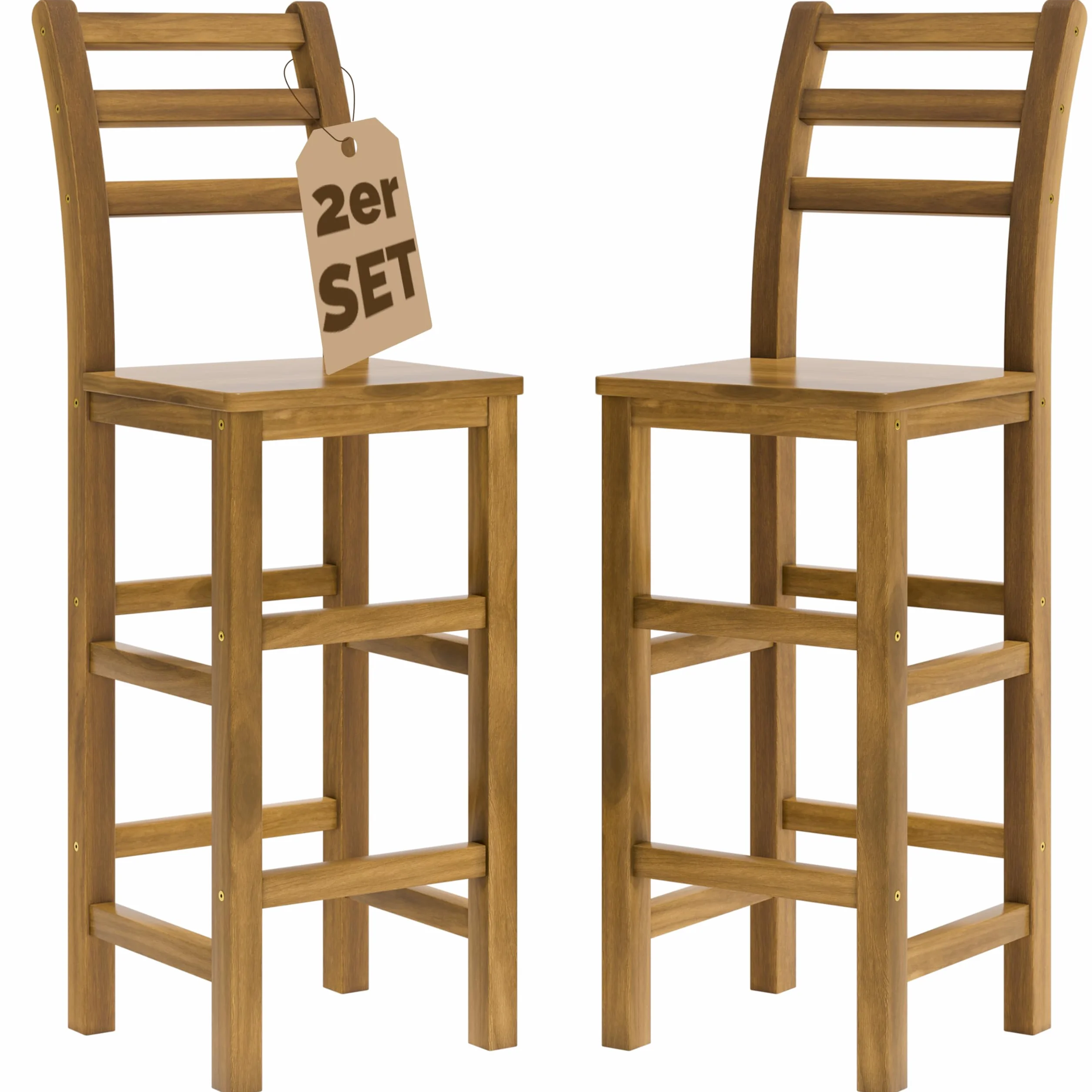 CASARIA® 2X Taburetes de Bar Altos con Respaldo Altura de Asiento 75cm Madera de Acacia Sillas de Cocina