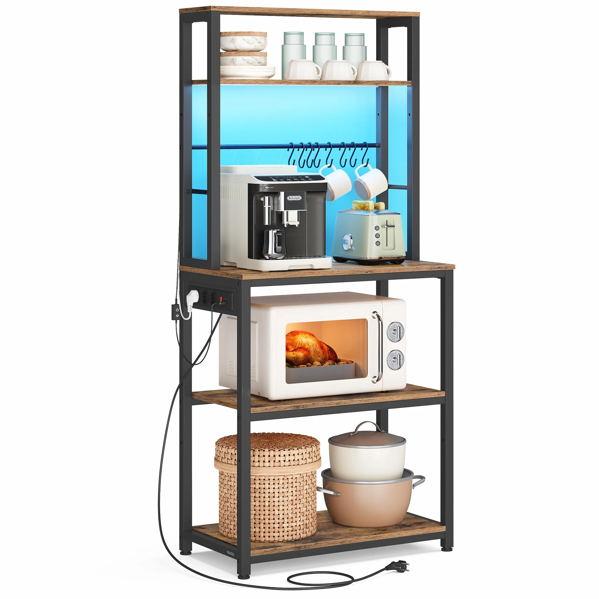 VASAGLE Estantería de Cocina con Iluminación LED, Estante para Microondas con Estantes Ajustables, 8 Ganchos, 40 x 60 x 168.4 cm, Marrón y Negro Mate