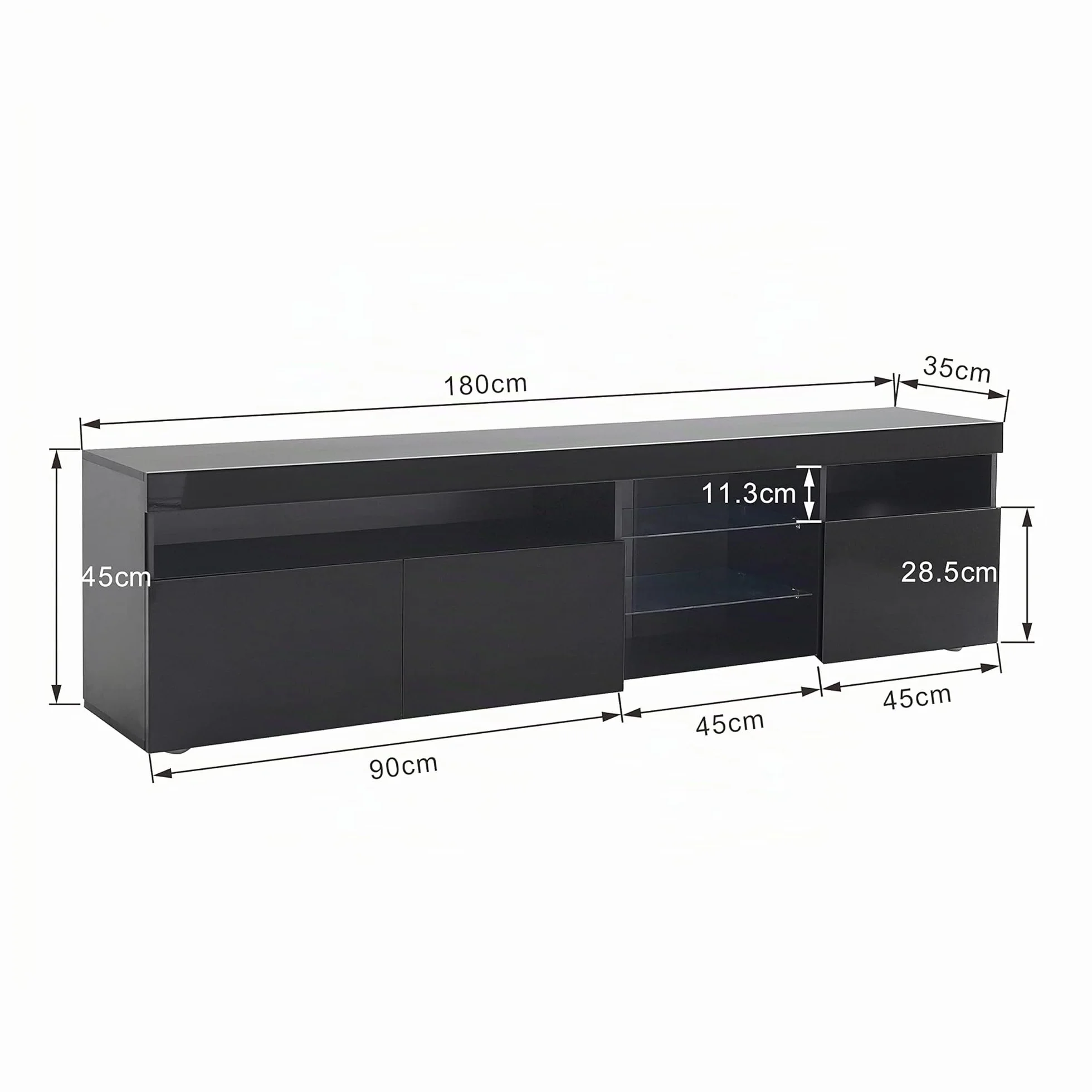 Azkoeesy Mueble TV con iluminación LED, 180 cm, Mueble de televisión, 3 Puertas y Estante de Cristal, Negro Brillante