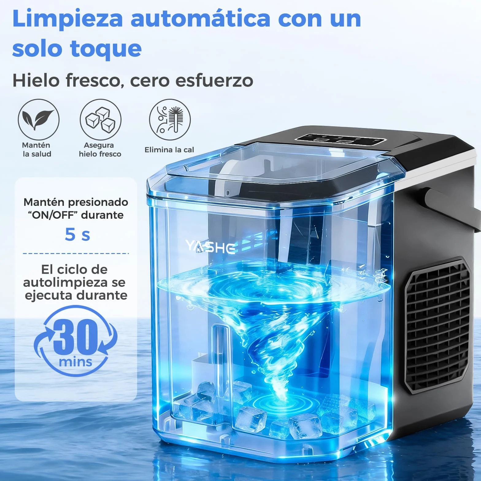 YASHE Máquina de Hielo de Encimera, 12 kg/día, 9 Cubitos en 6 Min, Portátil, Autolimpiante