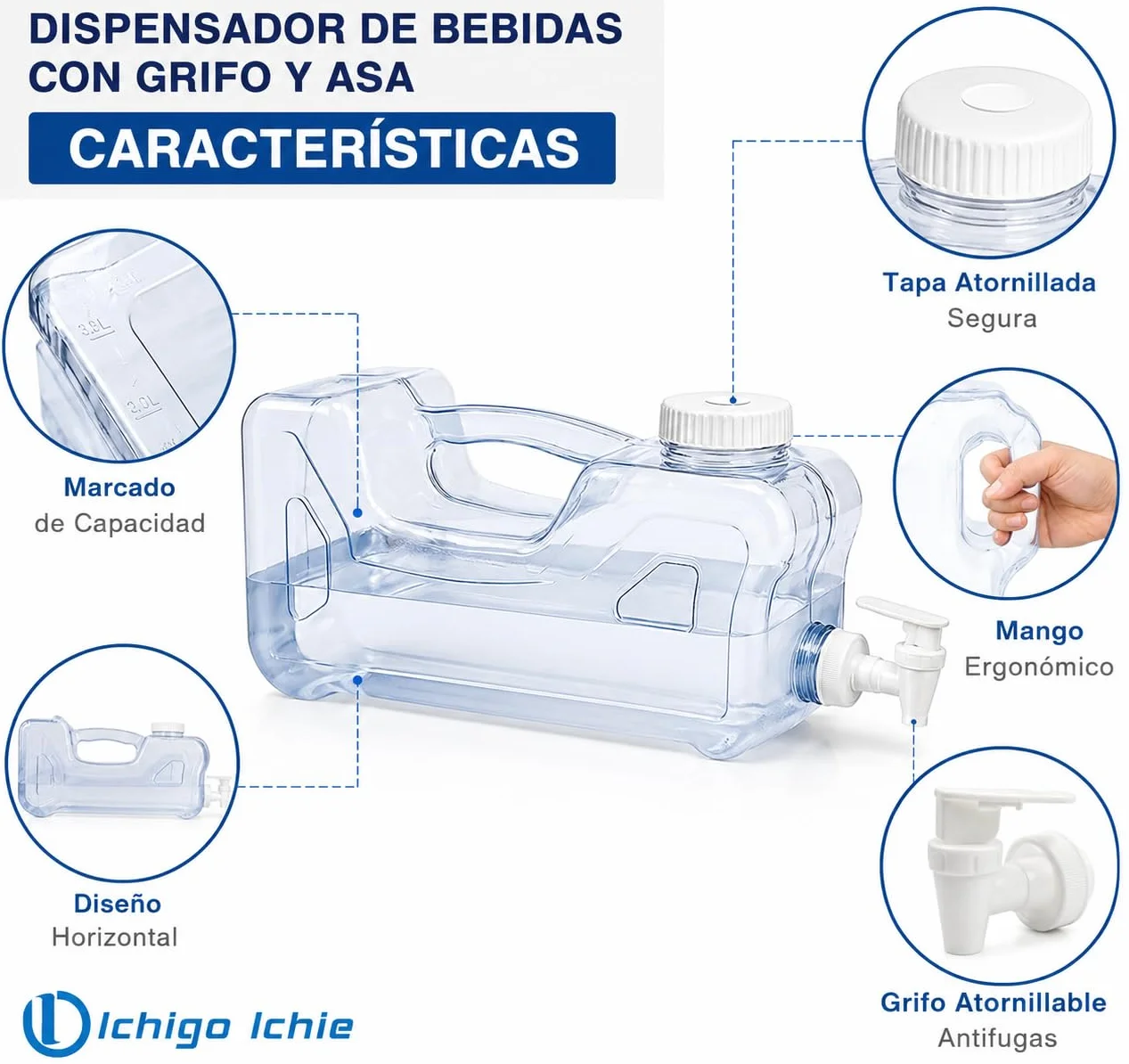 Dispensador de Agua para Nevera con Grifo y Asa, Garrafa de Plástico Transparente Reutilizable para Bebidas Frías, Dispensador Portátil Resistente y Libre de BPA, Capacidad de 3.8 litros