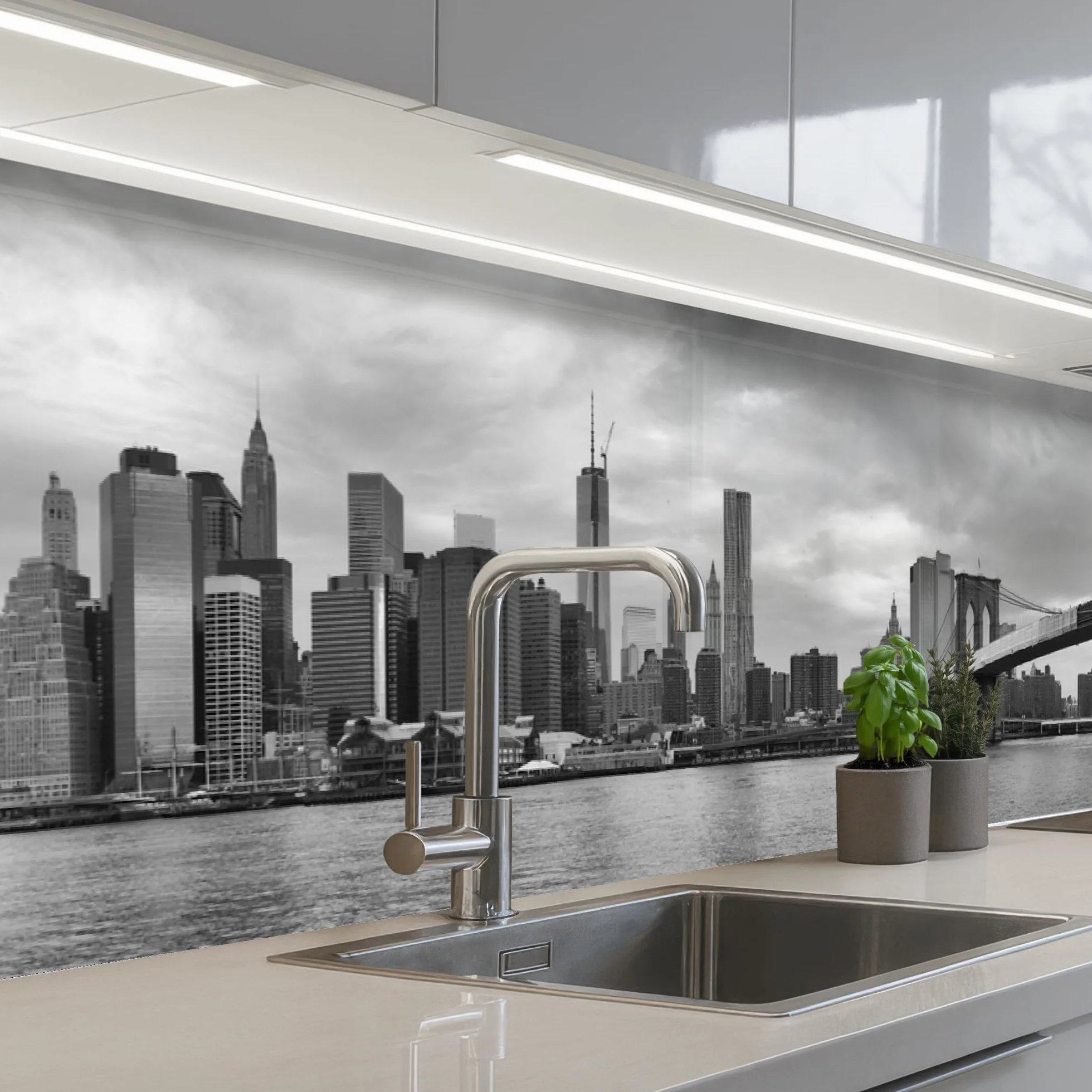KitchenYeah© Antisalpicaduras Cocina 80x300 cm Adhesivo Salpicadero Protector Pared Salpicaduras Revestimiento Skyline - Puente - Edificios - Incoloro