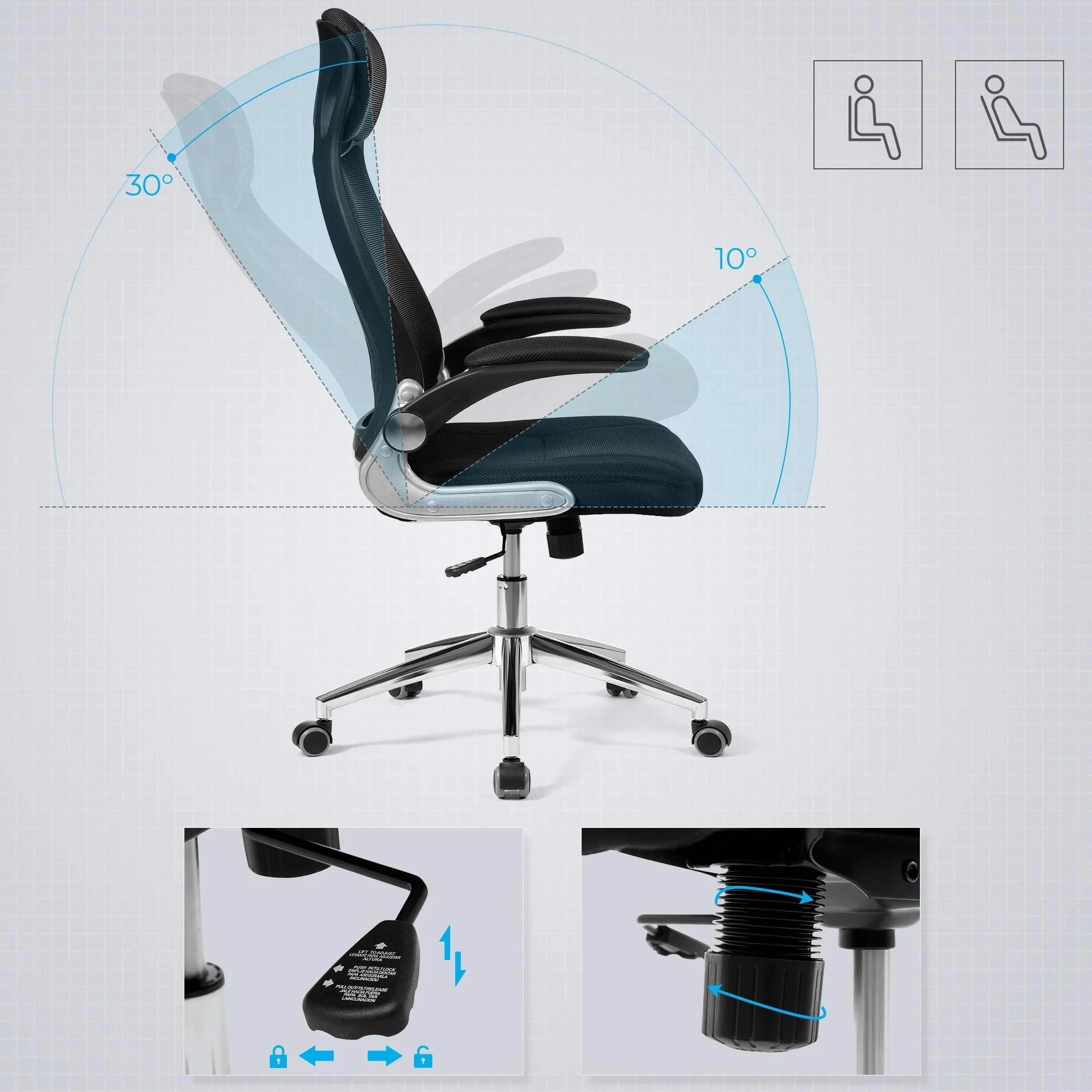 SONGMICS OBN86BK Silla Giratoria de Oficina de Malla con Reposacabezas, Mecanismo Sincronizado y Altura Ajustable, Negro