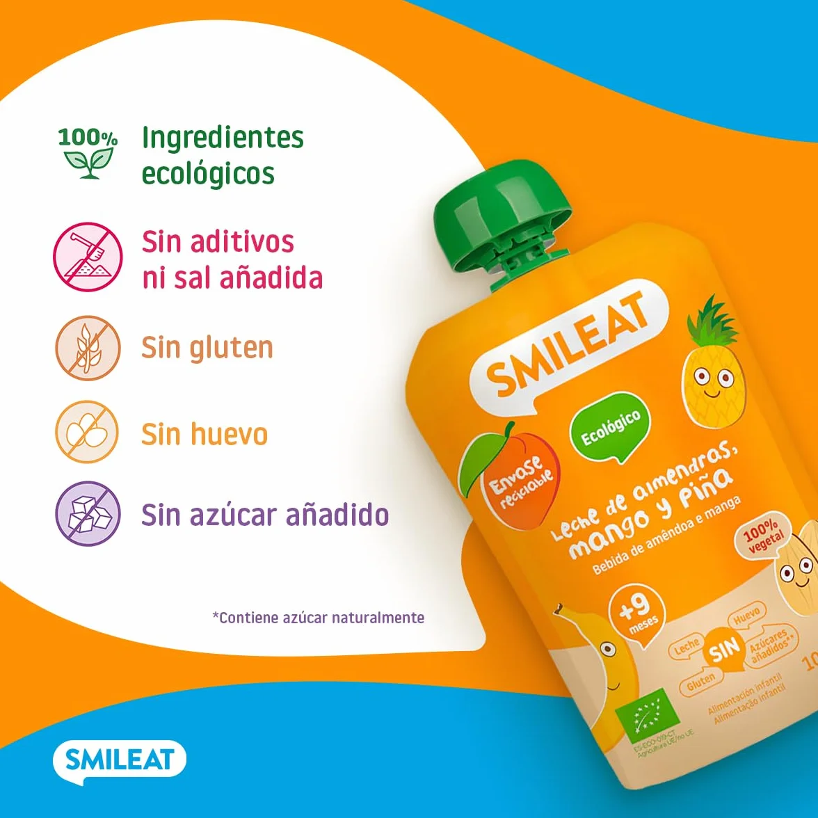 Smileat Pouch de Frutas Ecológicas Sin Azúcar Añadido Sin Gluten Snack para Peques Leche de Almendras Mango y Piña