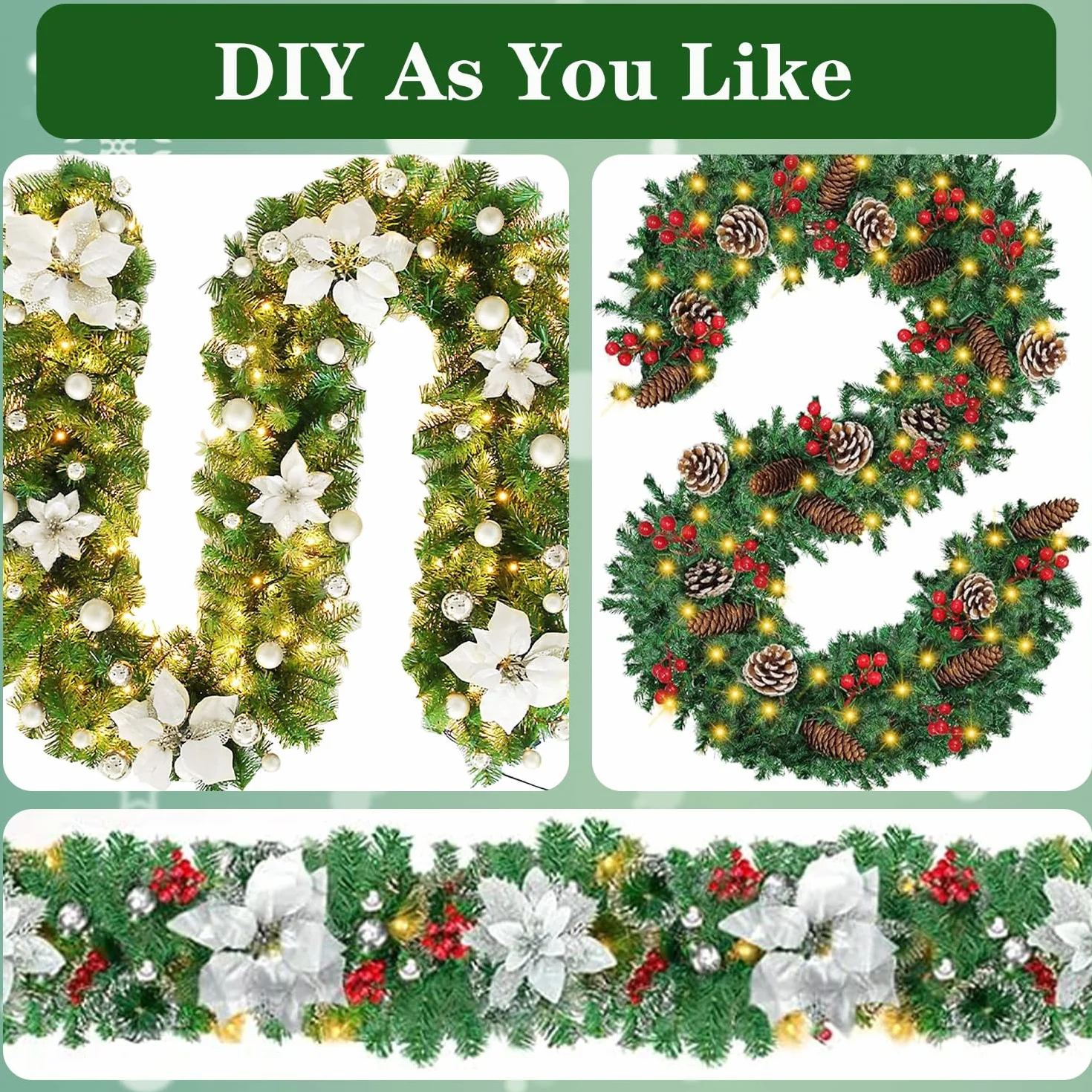 Guirnalda de Navidad Decoración con 50 LED Luces,2.7m/9 FT Guirnalda Artificial Guirnalda de Hiedra con escaleras chimeneas Puertas decoración navideña Exterior Interior (Verde)