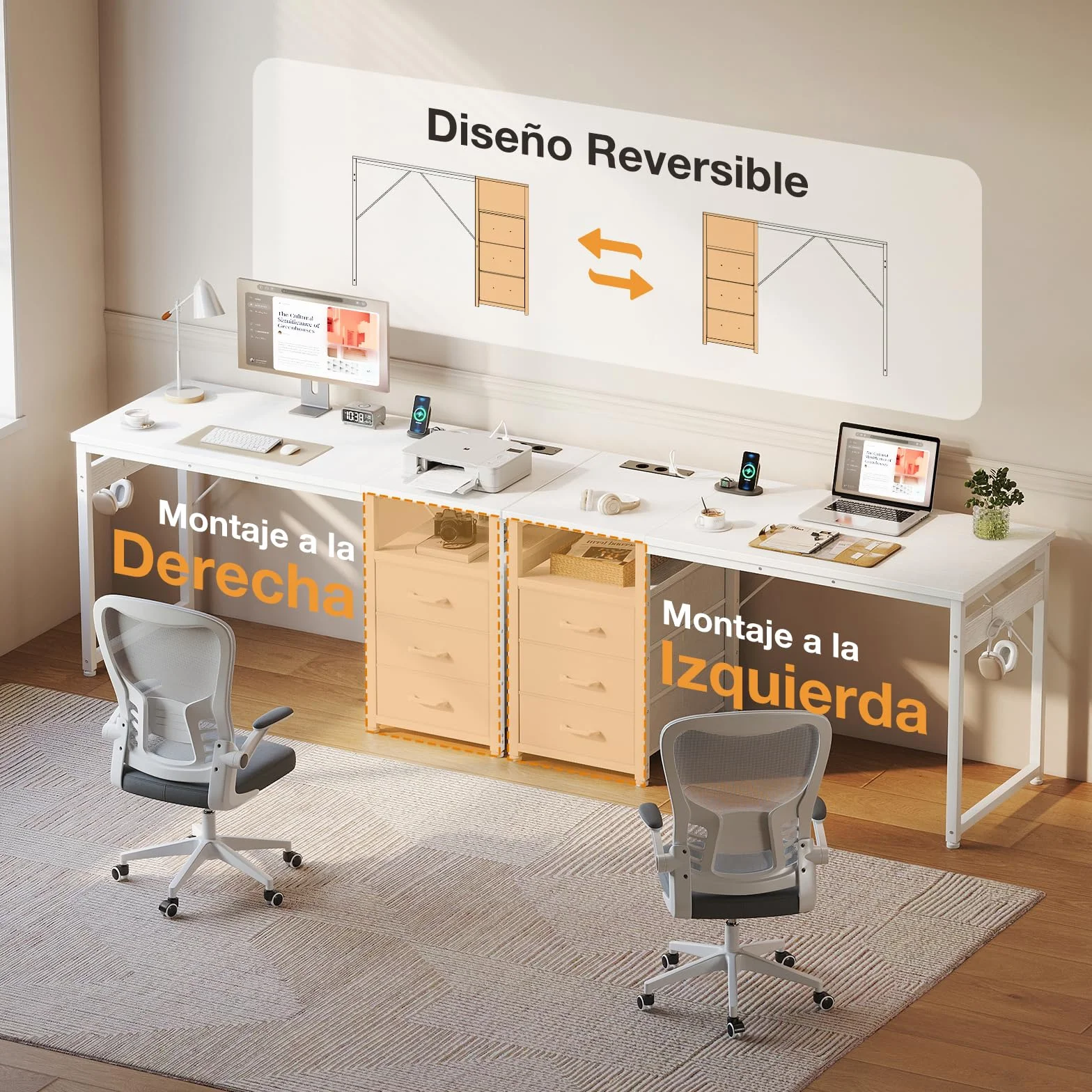 ODK Escritorio con 3 Cajones de Tela, 100x48cm Mesa de Ordenador con Estantes Escritorio Oficina con Puerto y Toma de Carga USB para Oficina, Salón, Hogar, Blanco