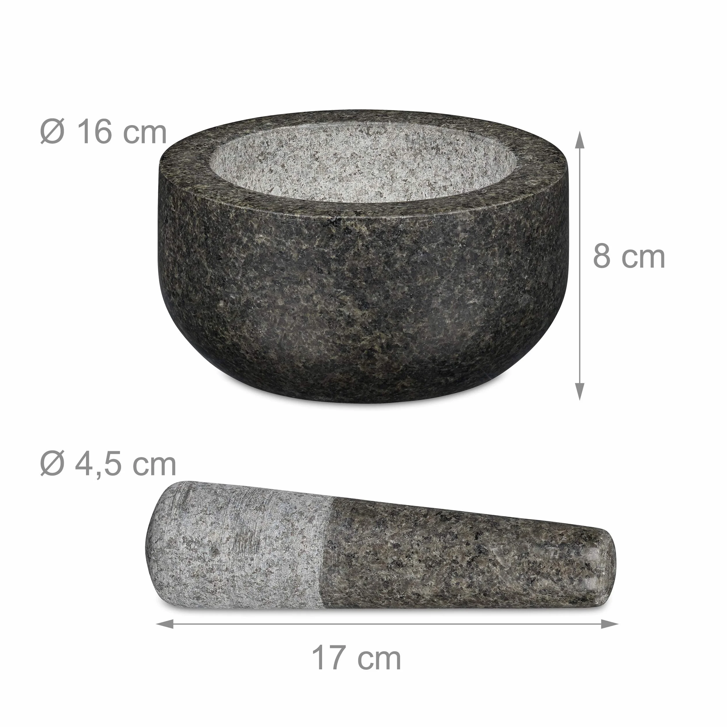 Relaxdays Mortero Granito con Mano, Resistente, Duradero, Especias, Hierbas, Moledor Piedra Pulida, 16cm Ø, 400ml, Gris