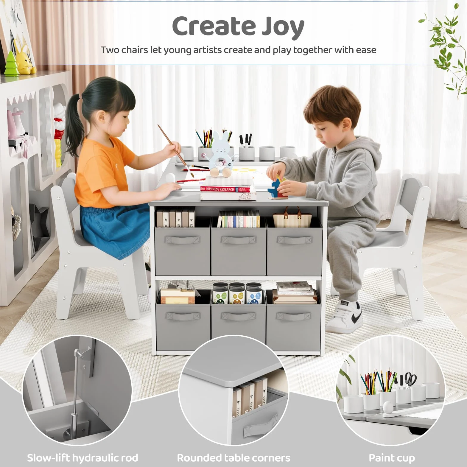 MAMIZO Mesa y Sillas Infantiles Madera con 2 Sillas, Mobiliario Infantil con Espacio de Almacenaje para Niños a Partir de 3 Años, Mesa de Pintura para Habitación Infantil, Sala de Juegos (Gris)