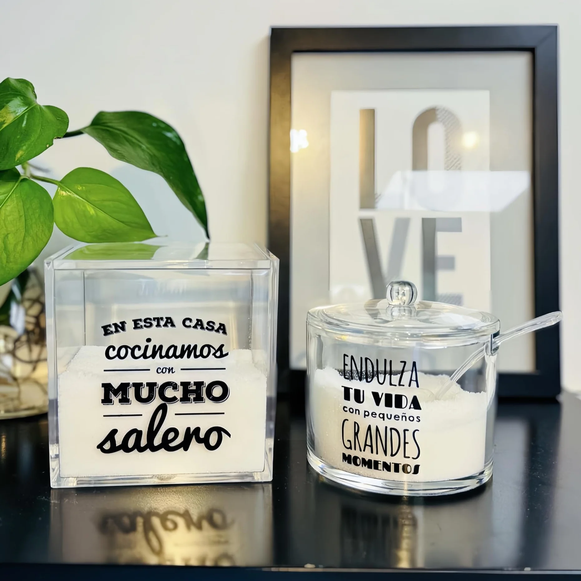Juego de Salero y Azucarero de Cocina Acrílico Transparente con Cuchara y Tapa