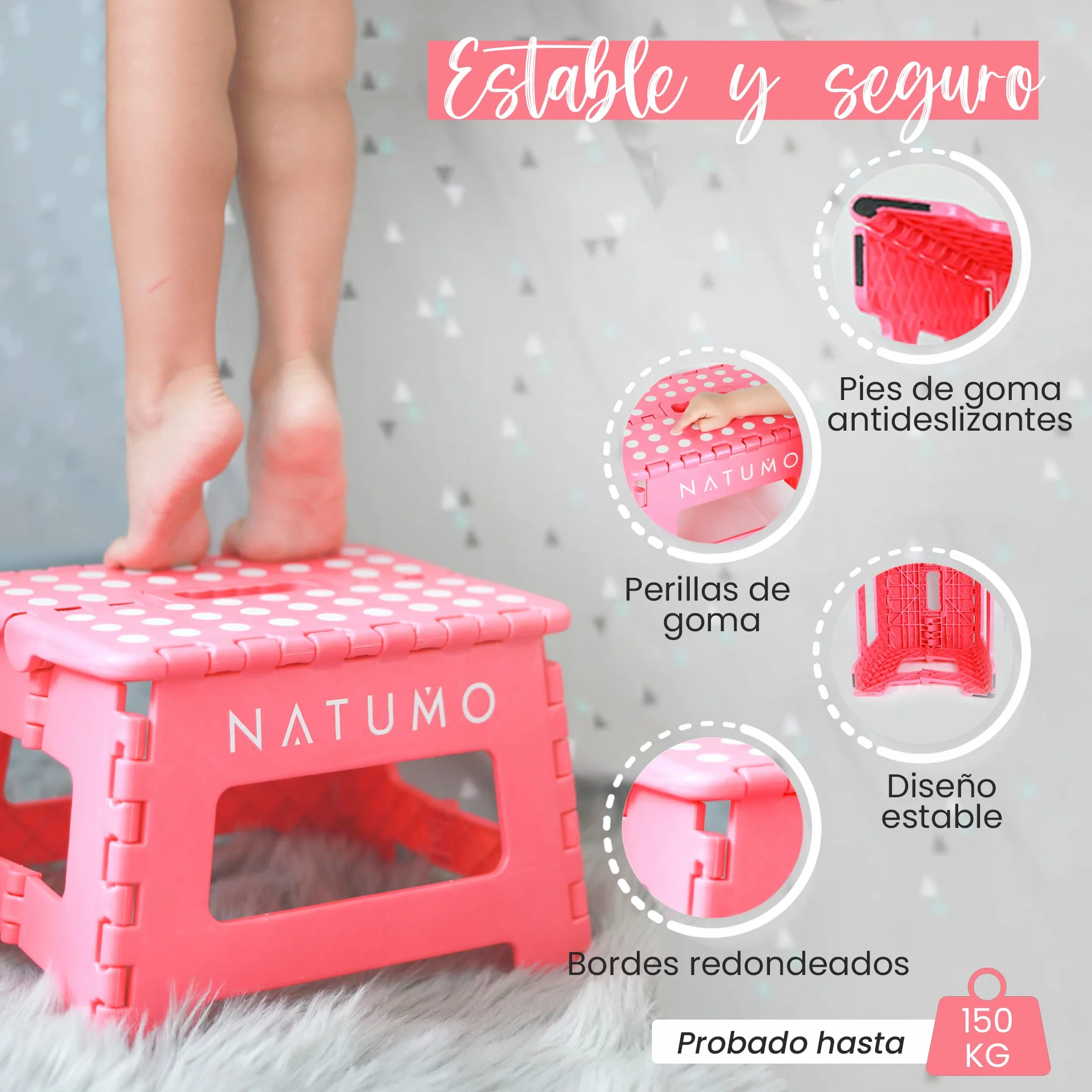 Natumo® - Taburete plegable para 150 kg, taburete de cocina, baño, silla plegable de jardín, pequeño reposapiés para niños, ayuda para ascenso, lavabo, para niños y adultos