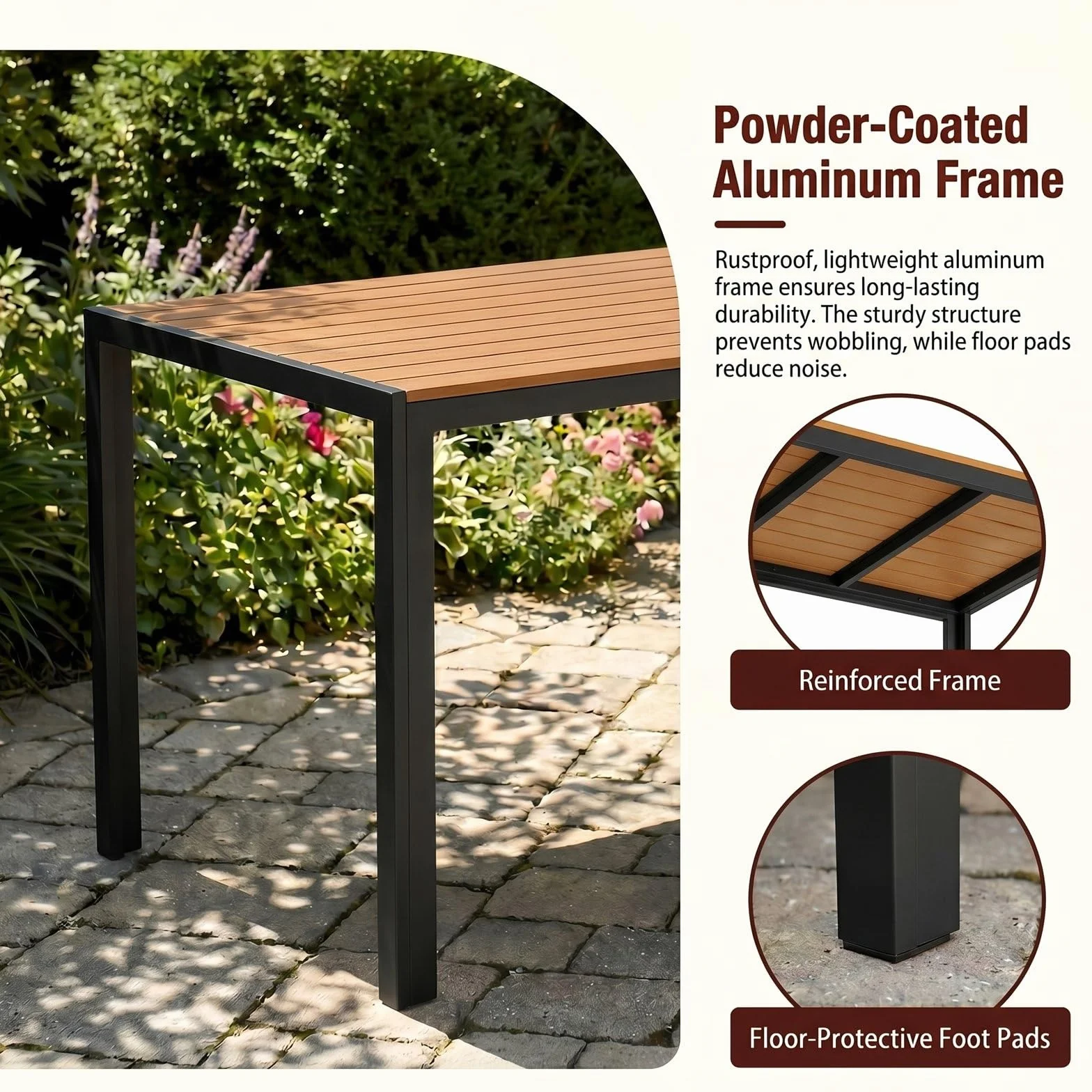 LIFERUN Mesa de Jardín Moderna de WPC 110 x 70 cm, Mesa de Comedor Exterior para 4-6 Personas, Mesa de Balcón de Aluminio, Diseño de Rayas Efecto Madera,Marrón Teca